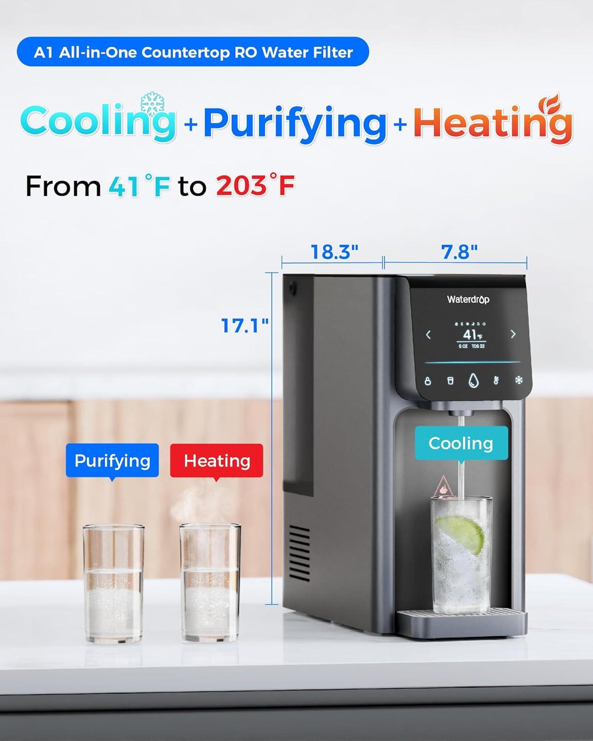 image Hot and Cold  Waterdrop WDA1 Countertop Reverse Osmosis System NSFANSI 58 ampamp 372 Certified 7 Stage Filtration Hot Cold Water Dispenser RO System with 6 Temperature ampamp 5 Volume Options BPA Free