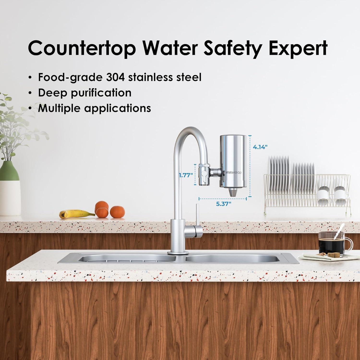 imageAlkaline Waterdrop Water Filter for Sink Faucet Filter Life Reminder 320 Gallon Tap Water Filter for Kitchen Sink NSF Certified Reduces Chlorine Faucet Mount Water Filtration System 1 FilterStainless Steel