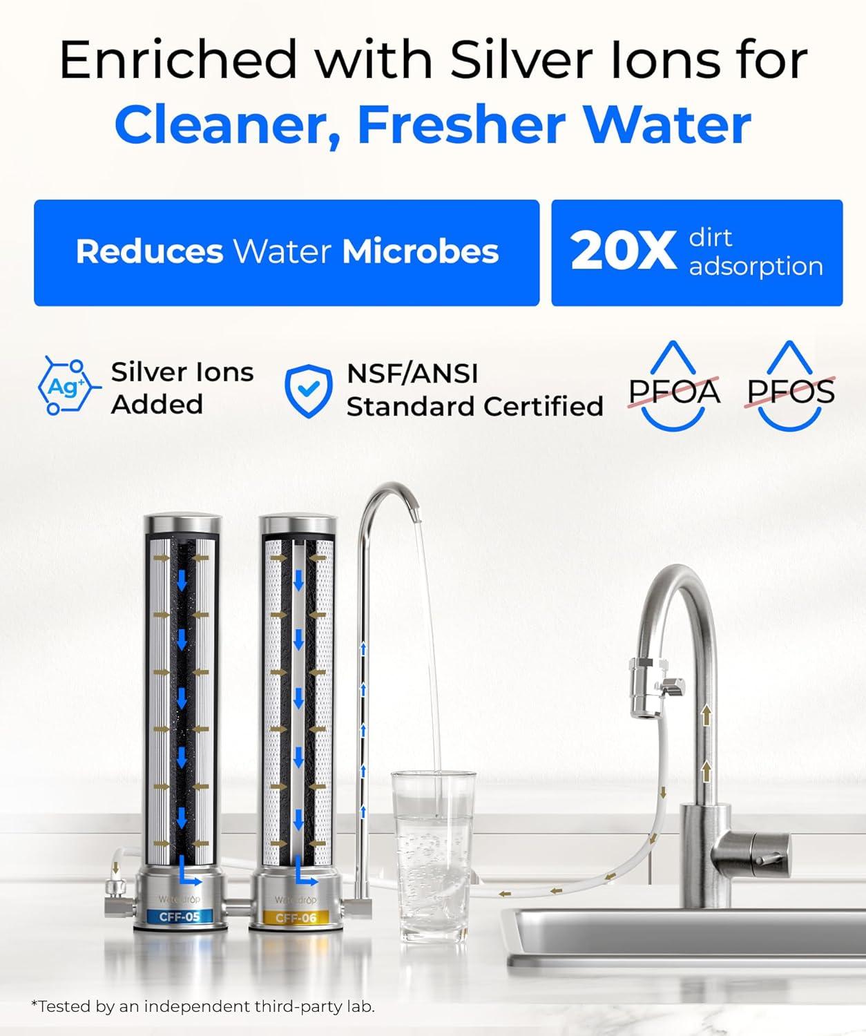 imageSilver ionsWaterdrop WDCFF05 Replacement Filter Countertop Water Filter 5000 Gallons Longer Filter Life Reduces PFOA PFOS Chlorine Sediment 1 Pack