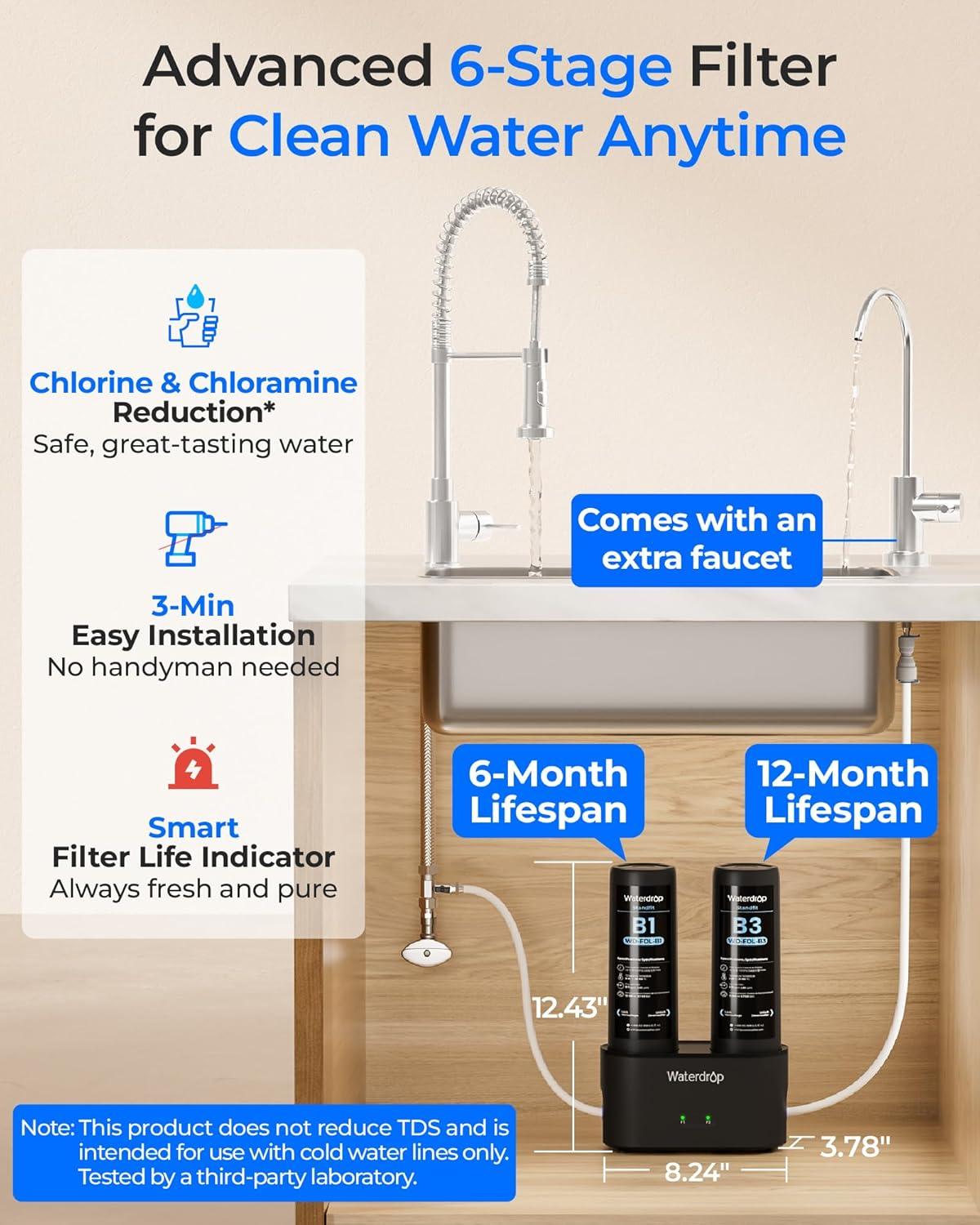imageWaterdrop 10UA PRO Under Sink Water Filter No Drill Required Time Reminder Easy Installation Reduces Lead Chlorine Bad Taste ampamp Odor NSFANSI 42 Certified 11000 Gallons Does not Lower TDSPitch blackwith Faucet  Reduces Chloramine