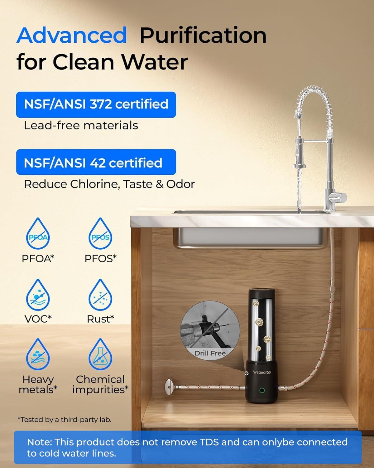 imageWaterdrop 10UA PRO Under Sink Water Filter No Drill Required Time Reminder Easy Installation Reduces Lead Chlorine Bad Taste ampamp Odor NSFANSI 42 Certified 11000 Gallons Does not Lower TDSBlack