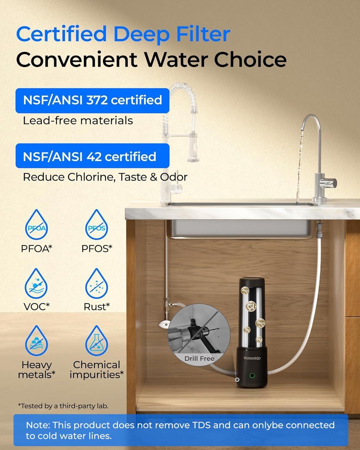 imageWaterdrop 10UA PRO Under Sink Water Filter No Drill Required Time Reminder Easy Installation Reduces Lead Chlorine Bad Taste ampamp Odor NSFANSI 42 Certified 11000 Gallons Does not Lower TDSBlackwith Faucet