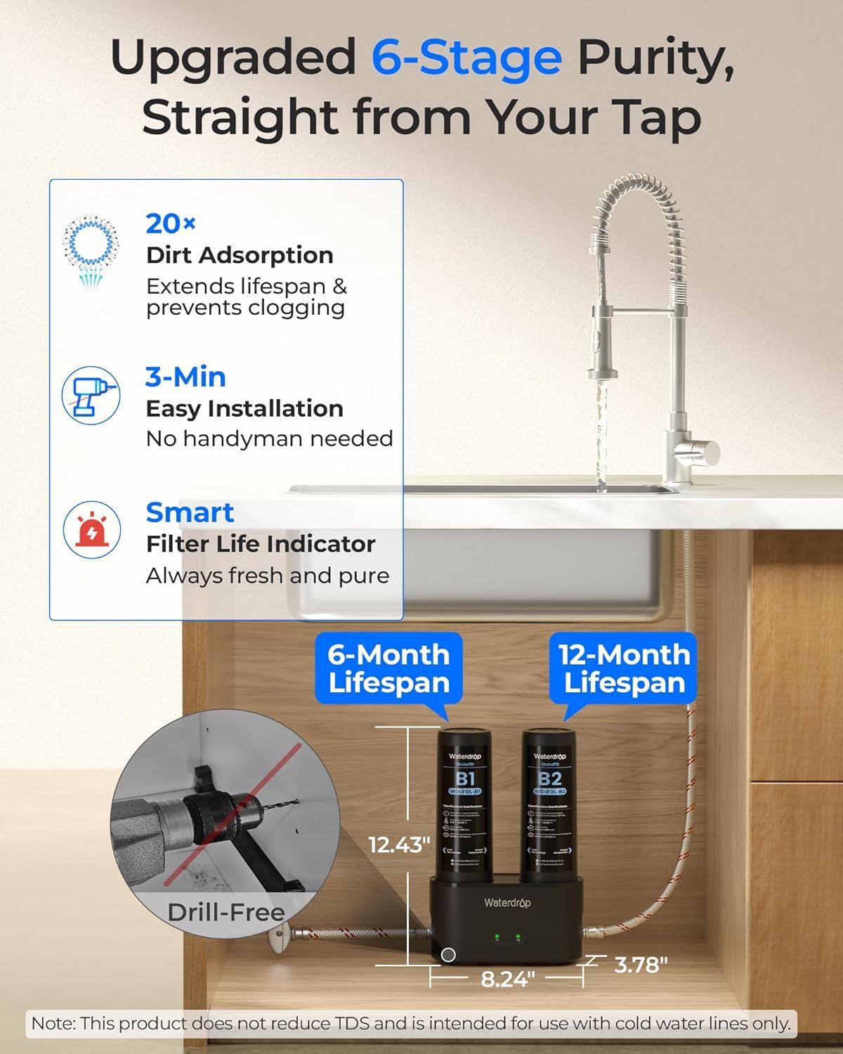 imageWaterdrop 10UA PRO Under Sink Water Filter No Drill Required Time Reminder Easy Installation Reduces Lead Chlorine Bad Taste ampamp Odor NSFANSI 42 Certified 11000 Gallons Does not Lower TDSPitch blackNo Extra Faucet  6Stage