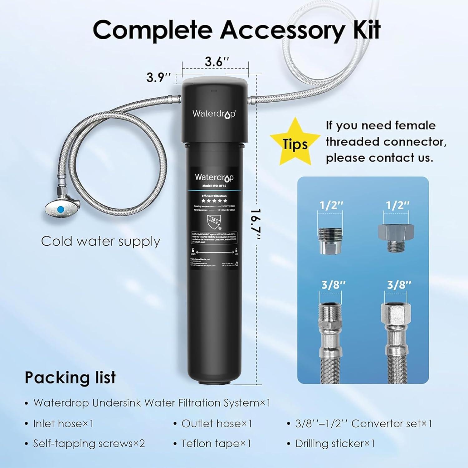 imageWaterdrop 15UA Under Sink Water Filter System 2 Years Reduces Lead Chlorine Bad Taste ampamp Odor Under Counter Water Filter Direct Connect to Kitchen Faucet NSFANSI 42 Certified USA TechBlackbasic