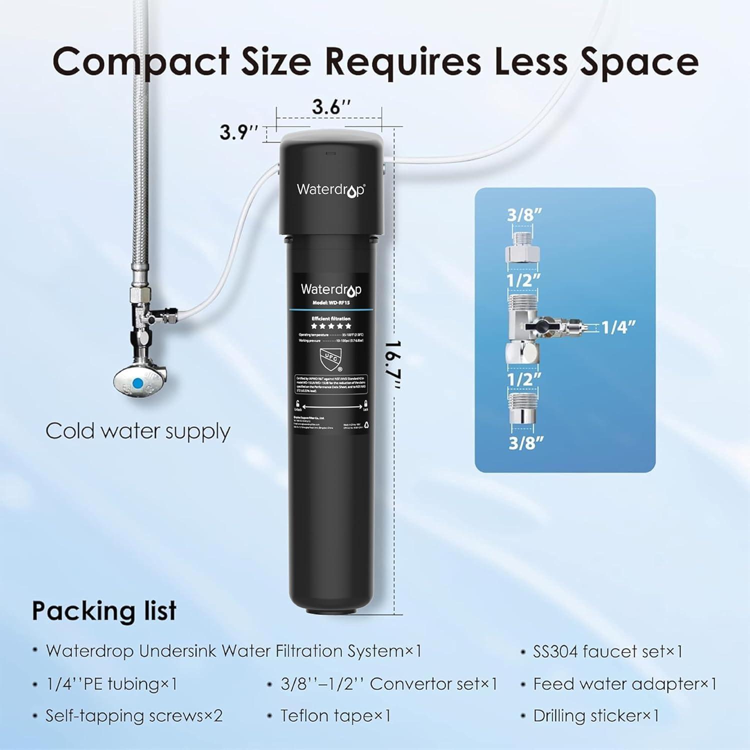 imageWaterdrop 15UB Under Sink Water Filter Under Sink Water Filtration System for 2 Years NSFANSI 42 Certified Reduces PFAS PFOAPFOS Lead Under Sink Water Filter with Faucet 19K Gallons