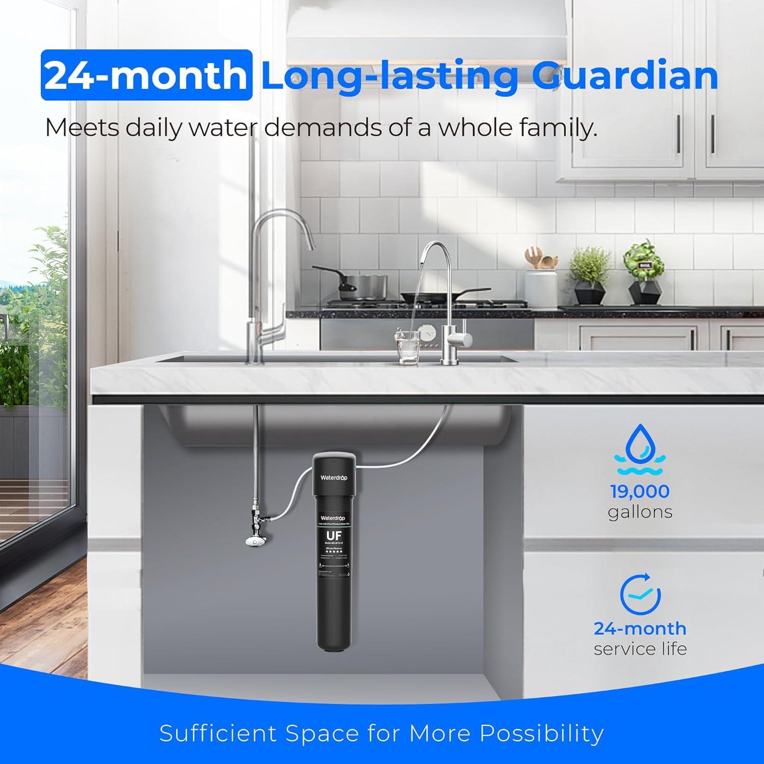 imageWaterdrop 15UBUF 001 m Ultra Filtration Under Sink Water Filter System for Batria Reduction Reduces Lead Chlorine Bad Taste ampamp Odor 19K Gallons with Dedicated Brushed Nickel Faucet USA TechBlack