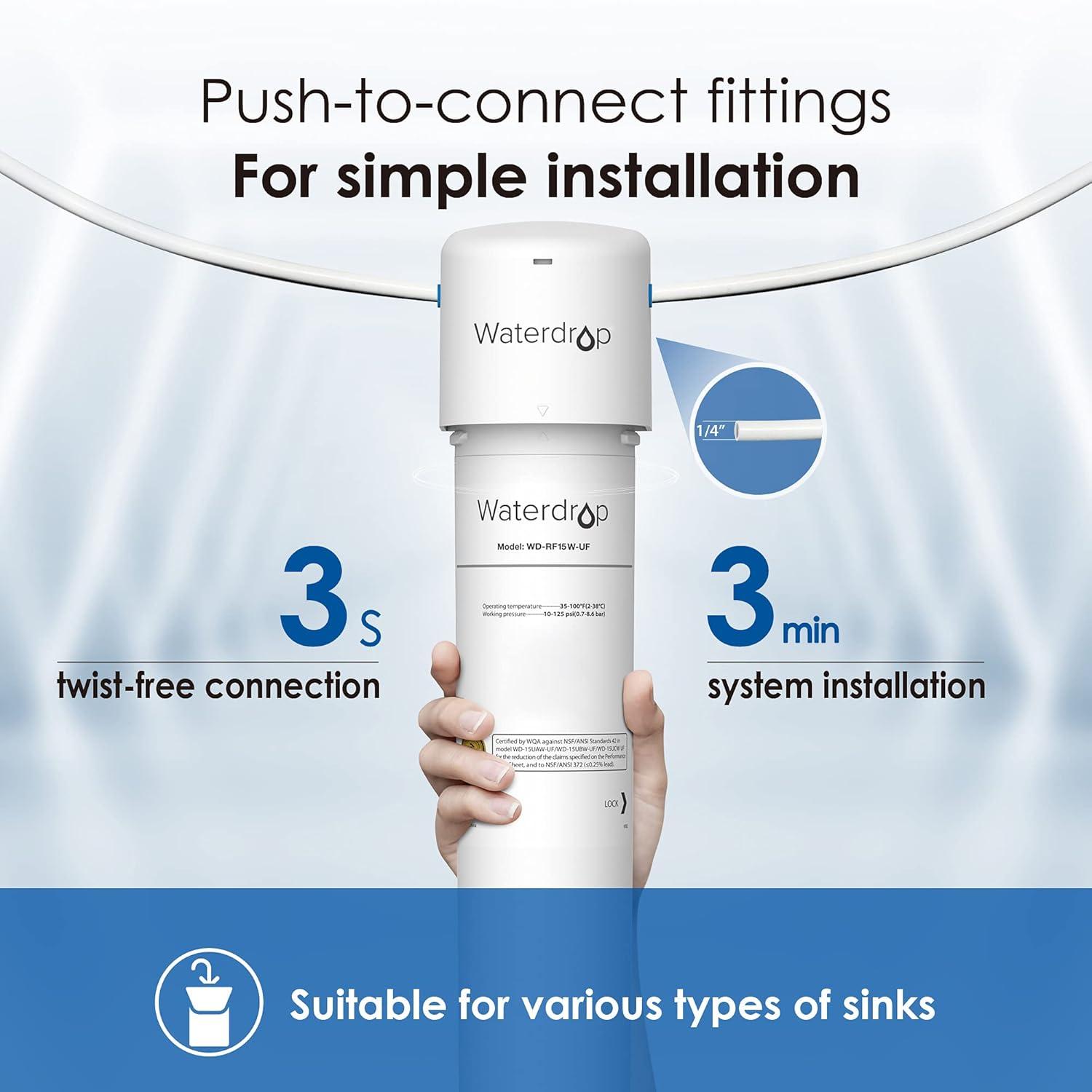 imageWaterdrop 15UBUF 001 m Ultra Filtration Under Sink Water Filter System for Batria Reduction Reduces Lead Chlorine Bad Taste ampamp Odor 19K Gallons with Dedicated Brushed Nickel Faucet USA TechWhite