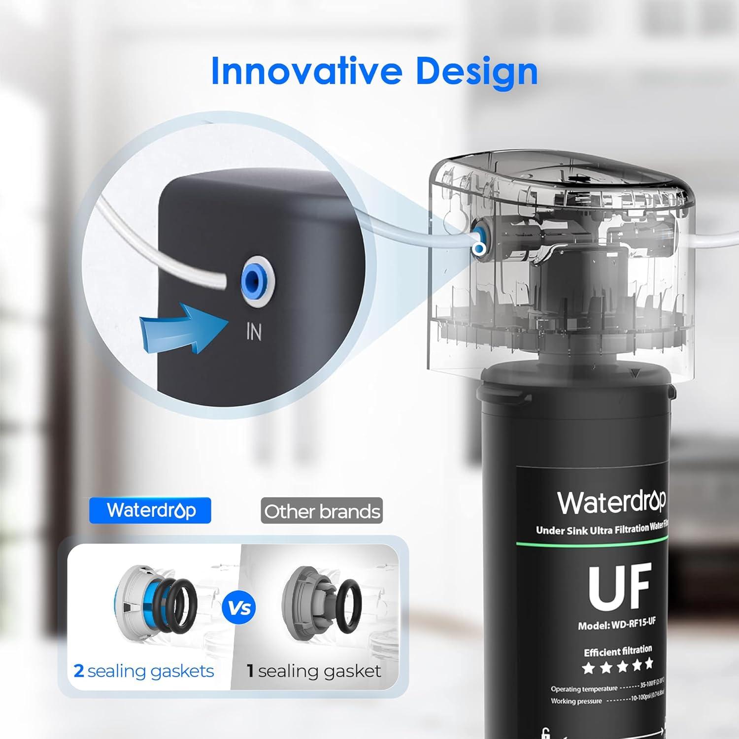 imageWaterdrop 15UBUF 001 m Ultra Filtration Under Sink Water Filter System for Batria Reduction Reduces Lead Chlorine Bad Taste ampamp Odor 19K Gallons with Dedicated Brushed Nickel Faucet USA TechBlack