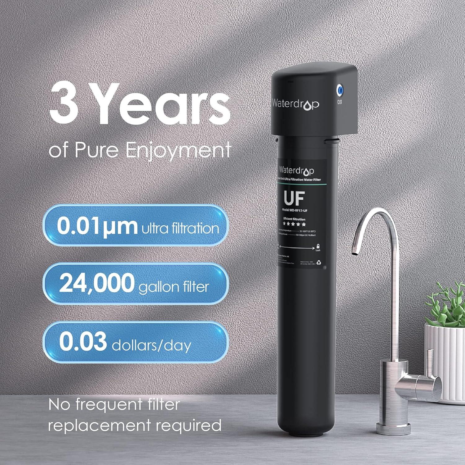 imageWaterdrop 17UBUF 001 m Ultra Filtration Under Sink Water Filter System for Batria Reduction Reduces Lead Chlorine Bad Taste ampamp Odor 24K Gallons with Dedicated Brushed Nickel Faucet USA TechBlackPremiumwith Faucet