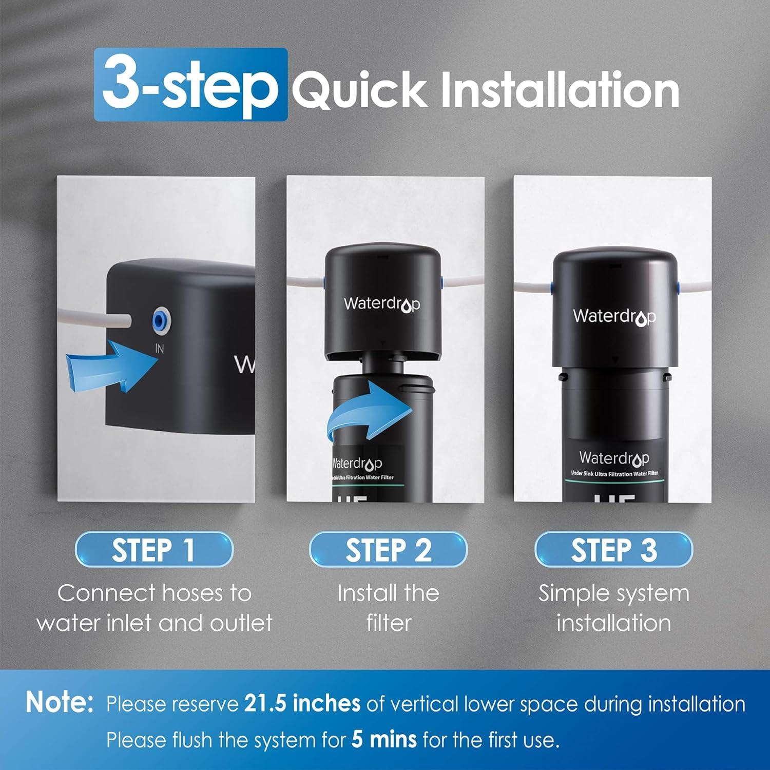 imageWaterdrop 17UBUF 001 m Ultra Filtration Under Sink Water Filter System for Batria Reduction Reduces Lead Chlorine Bad Taste ampamp Odor 24K Gallons with Dedicated Brushed Nickel Faucet USA TechBlackPremiumwith Faucet
