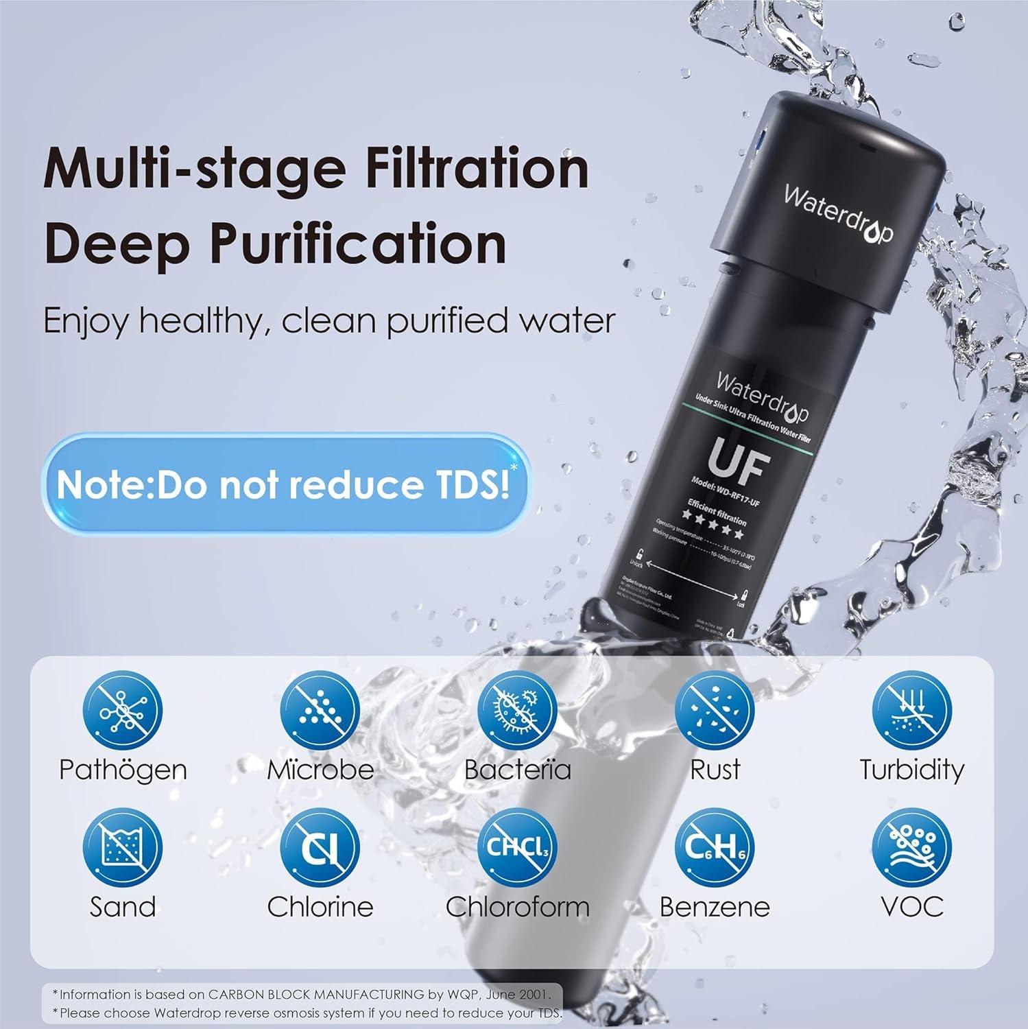 imageWaterdrop 17UBUF 001 m Ultra Filtration Under Sink Water Filter System for Batria Reduction Reduces Lead Chlorine Bad Taste ampamp Odor 24K Gallons with Dedicated Brushed Nickel Faucet USA TechBlackPremiumwith Faucet
