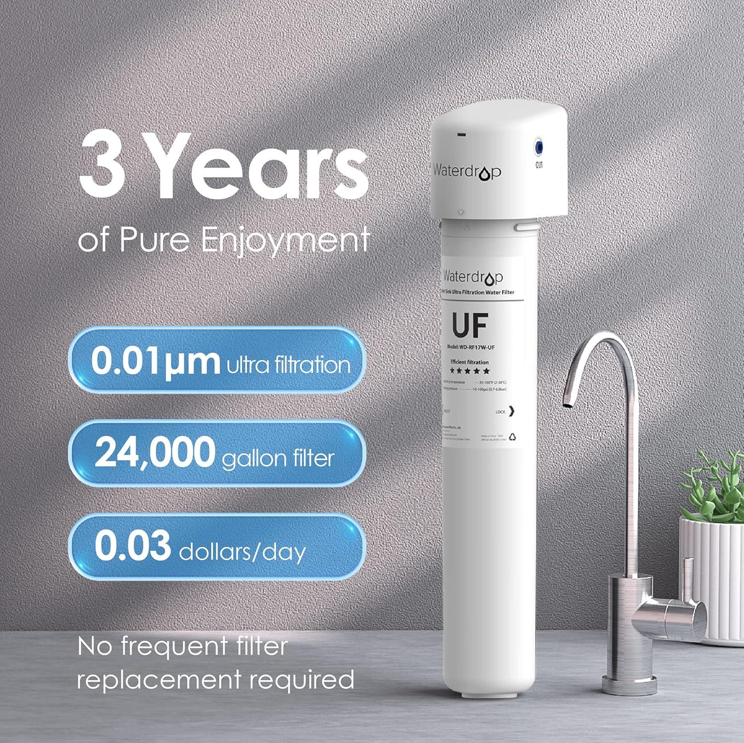 imageWaterdrop 17UBUF 001 m Ultra Filtration Under Sink Water Filter System for Batria Reduction Reduces Lead Chlorine Bad Taste ampamp Odor 24K Gallons with Dedicated Brushed Nickel Faucet USA TechWhitePremiumwith Faucet