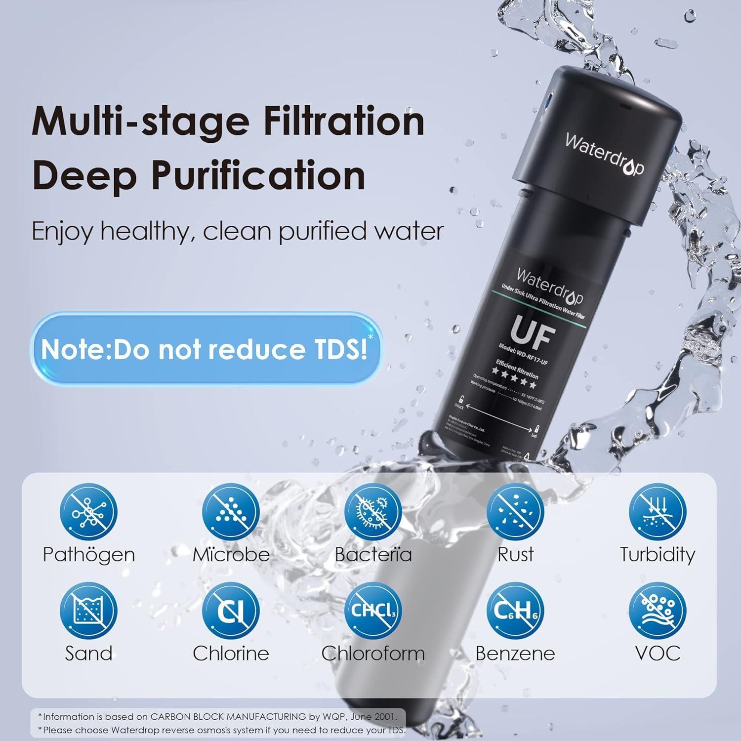 imageWaterdrop 17UBUF 001 m Ultra Filtration Under Sink Water Filter System for Batria Reduction Reduces Lead Chlorine Bad Taste ampamp Odor 24K Gallons with Dedicated Brushed Nickel Faucet USA TechBlackPremium