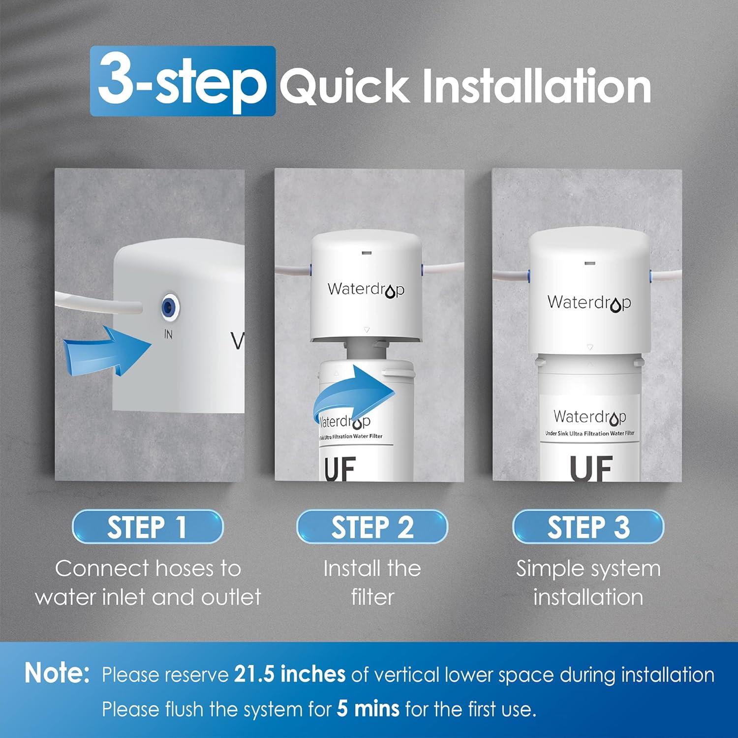 imageWaterdrop 17UBUF 001 m Ultra Filtration Under Sink Water Filter System for Batria Reduction Reduces Lead Chlorine Bad Taste ampamp Odor 24K Gallons with Dedicated Brushed Nickel Faucet USA TechWhitePremiumwith Faucet