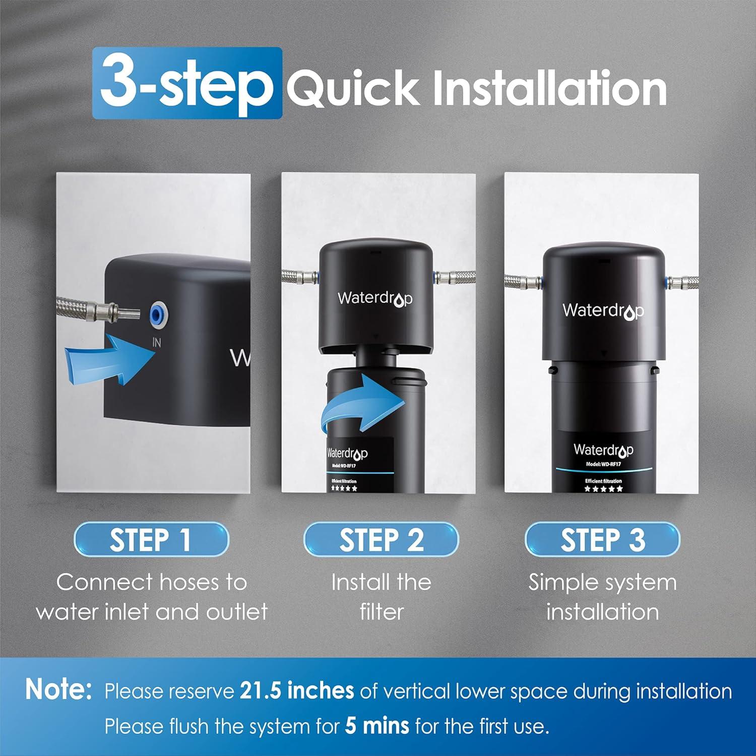 imageWaterdrop 17UBUF 001 m Ultra Filtration Under Sink Water Filter System for Batria Reduction Reduces Lead Chlorine Bad Taste ampamp Odor 24K Gallons with Dedicated Brushed Nickel Faucet USA TechBlackBasic