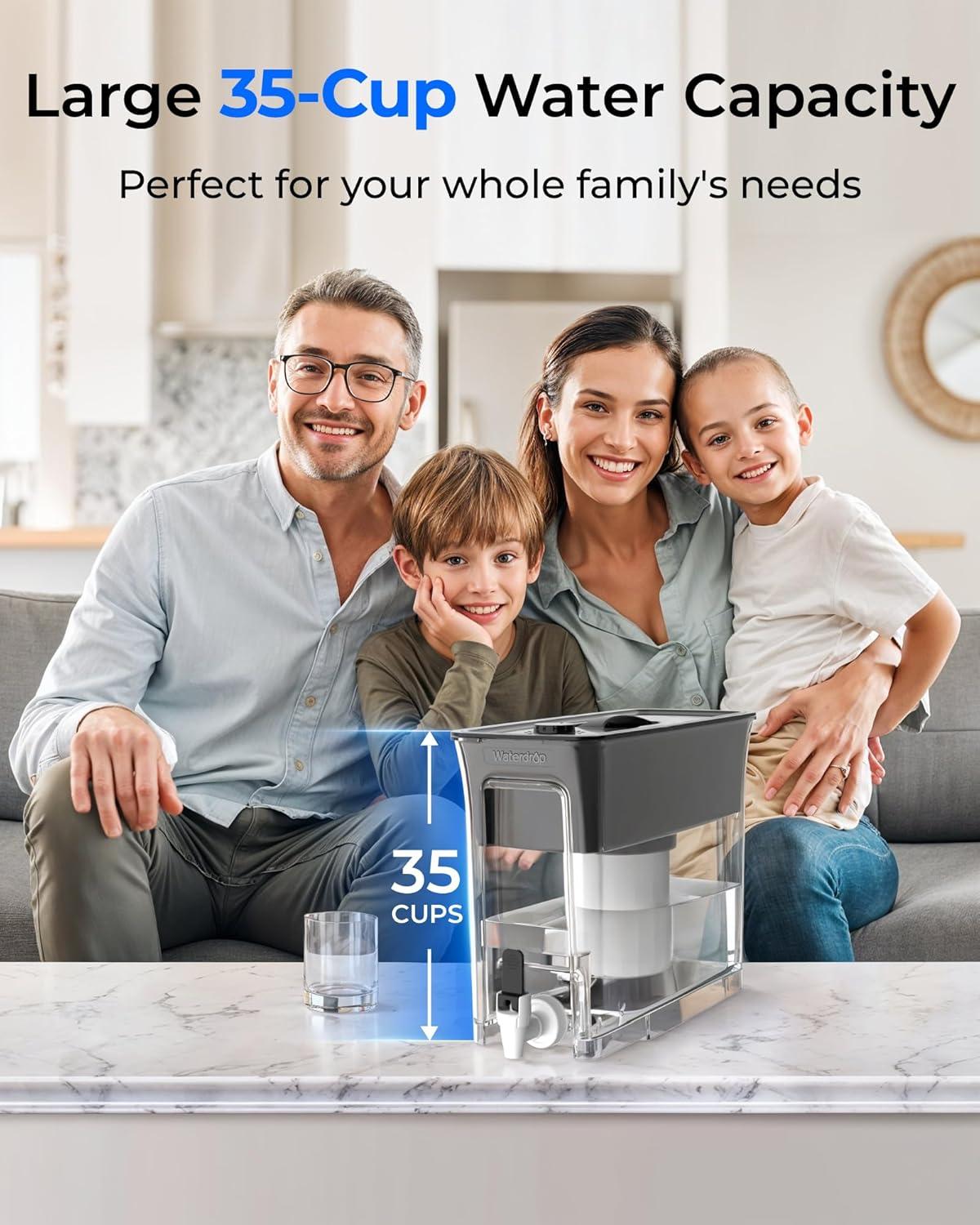 imageWaterdrop 35Cup Slim Water Filter Dispenser Large Capacity Water Filter Pitcher 200Gallon LongLife 5X Lifetime Reduces Chlorine PFOAPFOS and More BPA Free Black with 1 FilterBlack