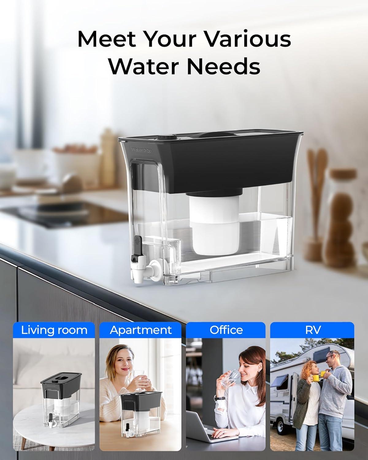 imageWaterdrop 35Cup Slim Water Filter Dispenser Large Capacity Water Filter Pitcher 200Gallon LongLife 5X Lifetime Reduces Chlorine PFOAPFOS and More BPA Free Black with 1 FilterBlack