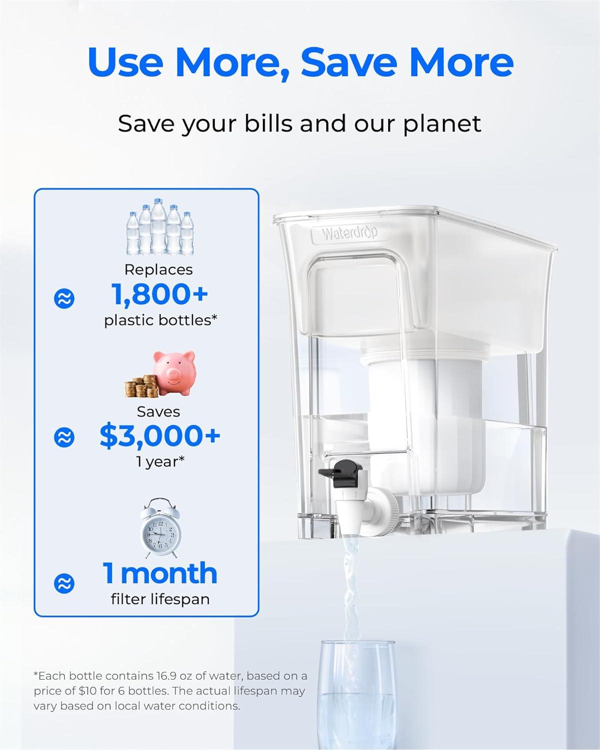 imageWaterdrop 35Cup Slim Water Filter Dispenser Large Capacity Water Filter Pitcher 200Gallon LongLife 5X Lifetime Reduces Chlorine PFOAPFOS and More BPA Free Black with 1 FilterWhite