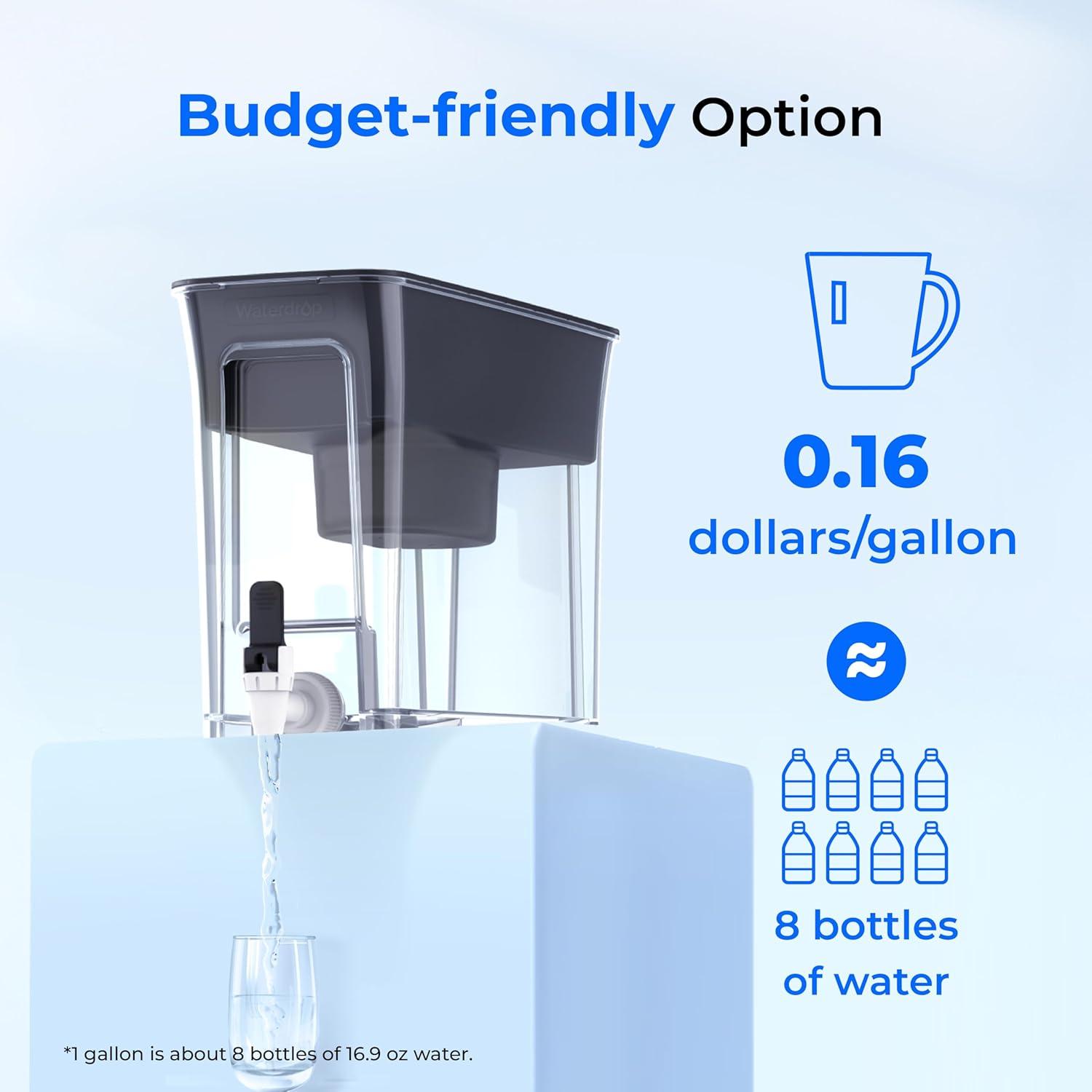 imageWaterdrop 35Cup Slim Water Filter Dispenser Large Capacity Water Filter Pitcher 200Gallon LongLife 5X Lifetime Reduces Chlorine PFOAPFOS and More BPA Free Black with 1 FilterBlack
