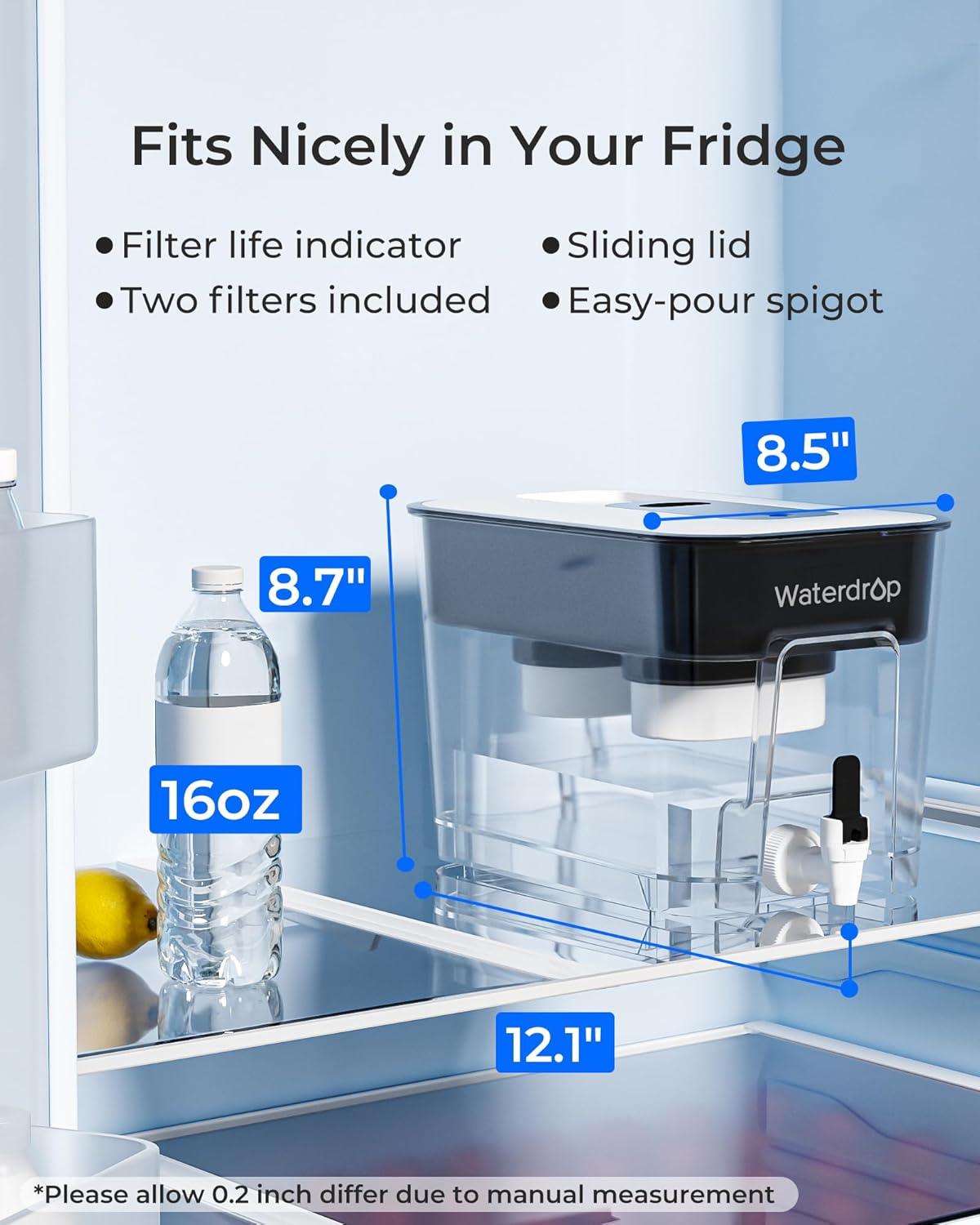 imageWaterdrop 40Cup Large Water Filter Dispenser with 1 Filter 200Gallon LongLife for Home and Office 5X Times Lifetime Reduces Chlorine PFOAPFOS and More BPA Free BlackBlackDouble