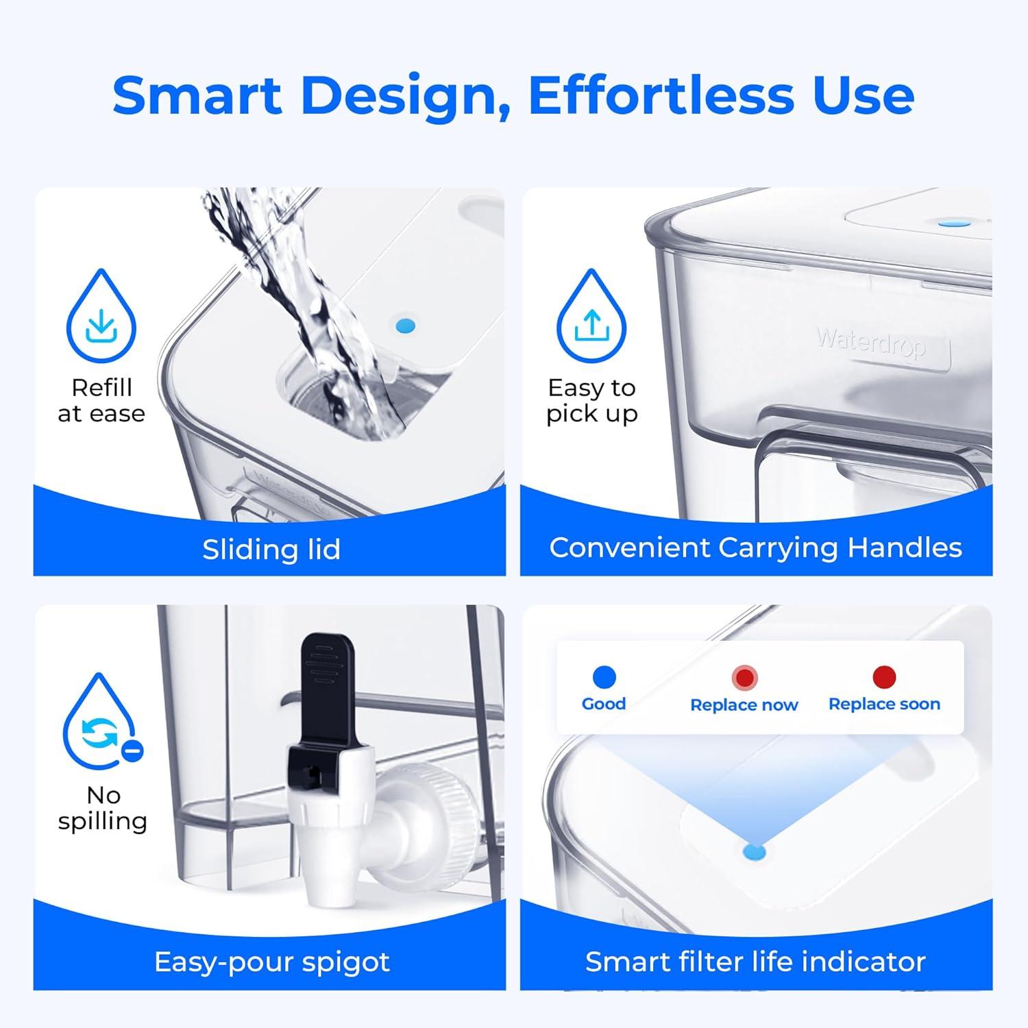 imageWaterdrop 40Cup Large Water Filter Dispenser with 1 Filter 200Gallon LongLife for Home and Office 5X Times Lifetime Reduces Chlorine PFOAPFOS and More BPA Free BlackWhiteAlkaline