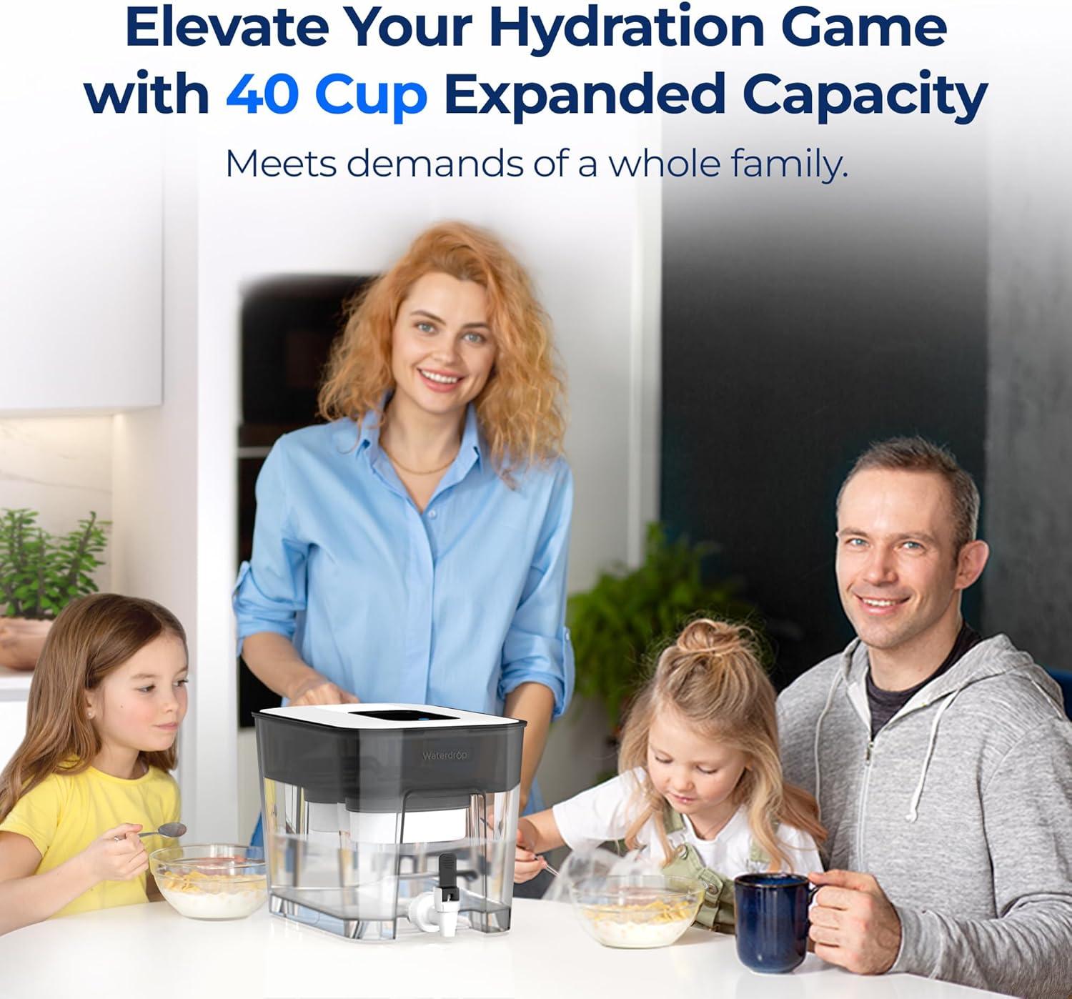 imageWaterdrop 40Cup Large Water Filter Dispenser with 1 Filter 200Gallon LongLife for Home and Office 5X Times Lifetime Reduces Chlorine PFOAPFOS and More BPA Free BlackBlackDouble