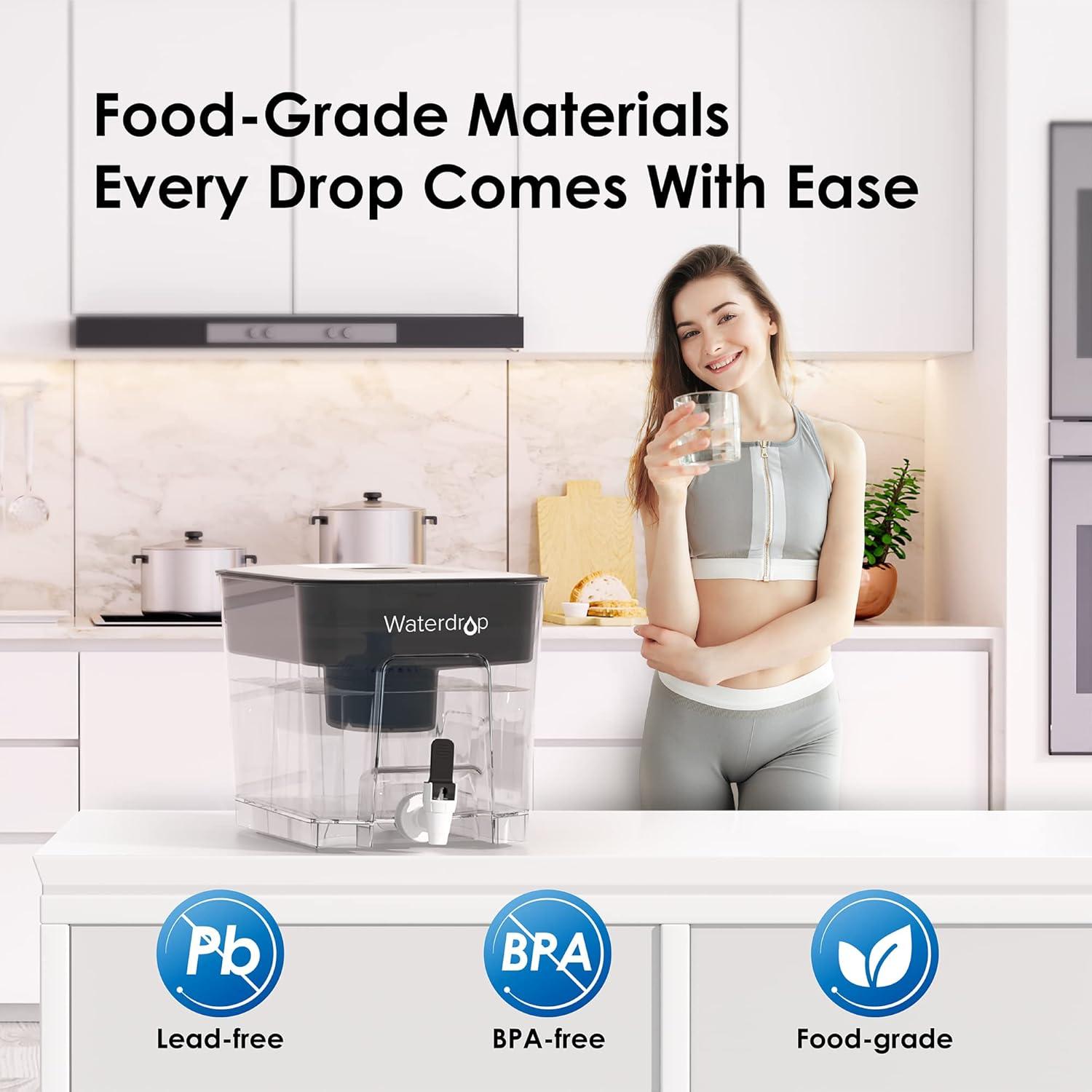 imageWaterdrop 40Cup Large Water Filter Dispenser with 1 Filter 200Gallon LongLife for Home and Office 5X Times Lifetime Reduces Chlorine PFOAPFOS and More BPA Free BlackBlackAlkaline