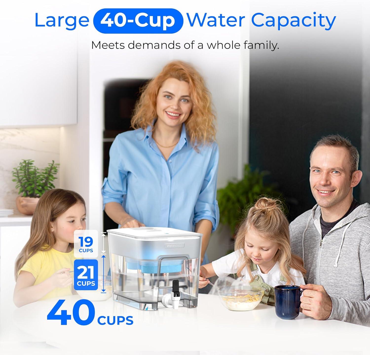 imageWaterdrop 40Cup Large Water Filter Dispenser with 1 Filter 200Gallon LongLife for Home and Office 5X Times Lifetime Reduces Chlorine PFOAPFOS and More BPA Free BlackWhiteAlkaline