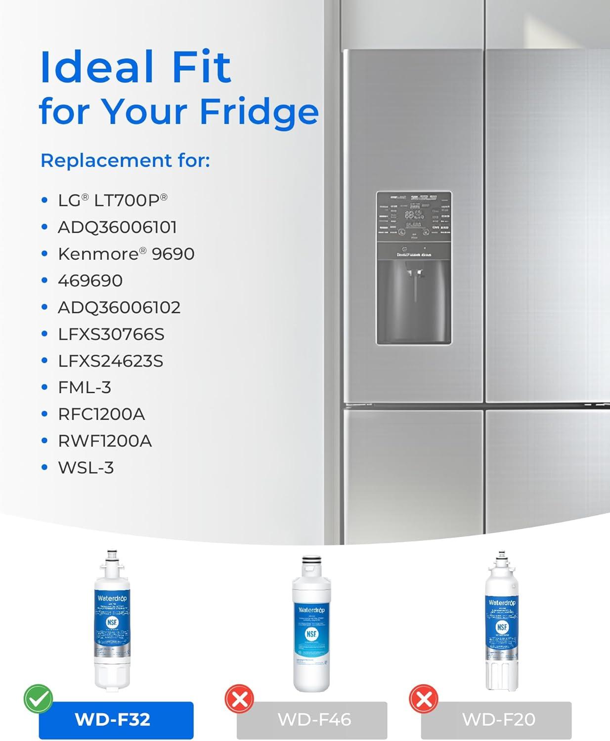 imageWaterdrop 469690 ADQ36006101 Refrigerator Water Filter Replacement for LG LT700P ADQ36006102 Kenmore 9690 LFXS30766S LFXS24623S FML3 RFC1200A RWF1200A WSL3 Pack of 2 Package May Vary