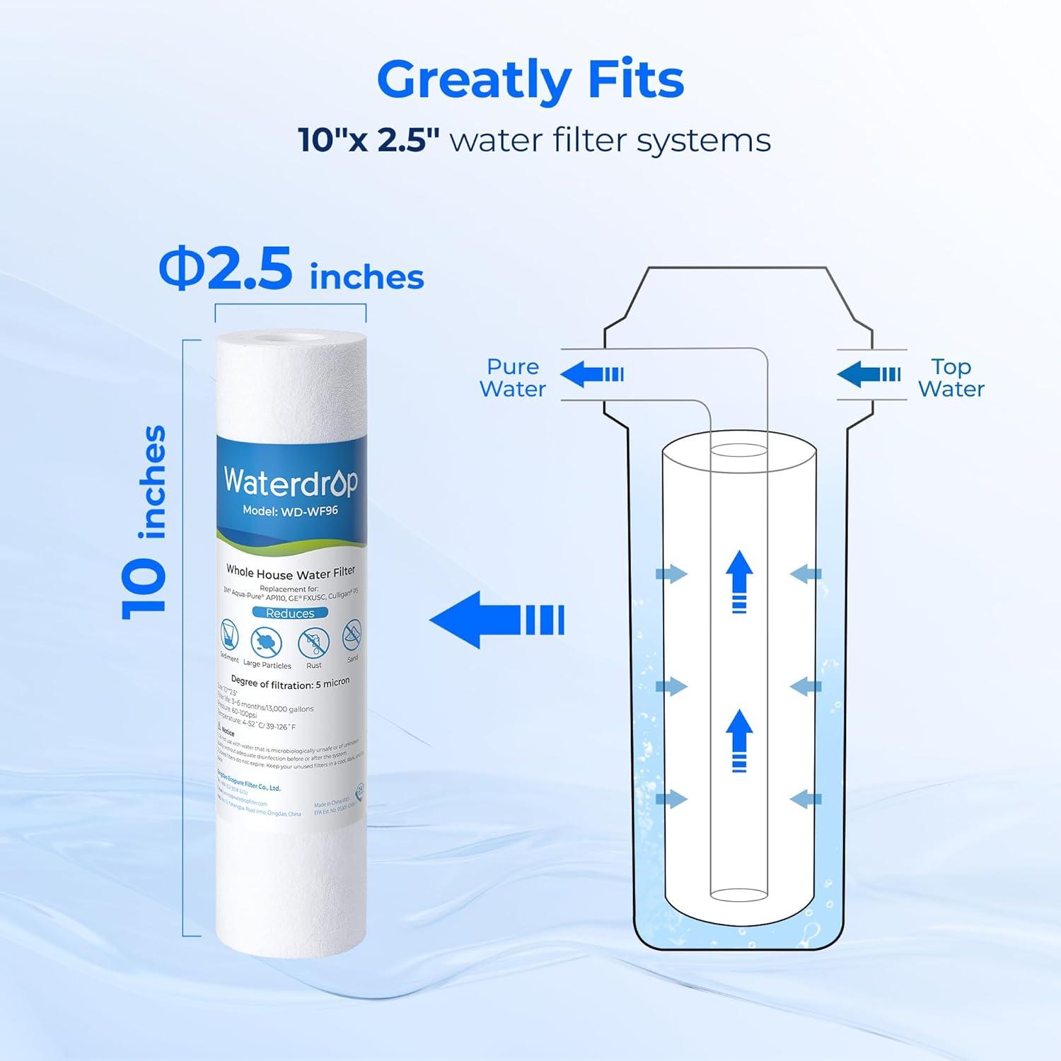 imageWaterdrop 5 Micron 10quot x 25quot Whole House Water Filter Replacement Cartridge Sediment Water Filter Replacement for Any 10 inch RO Unit AquaPure AP110 Culligan P5 WHKFGD05 6 Pack6