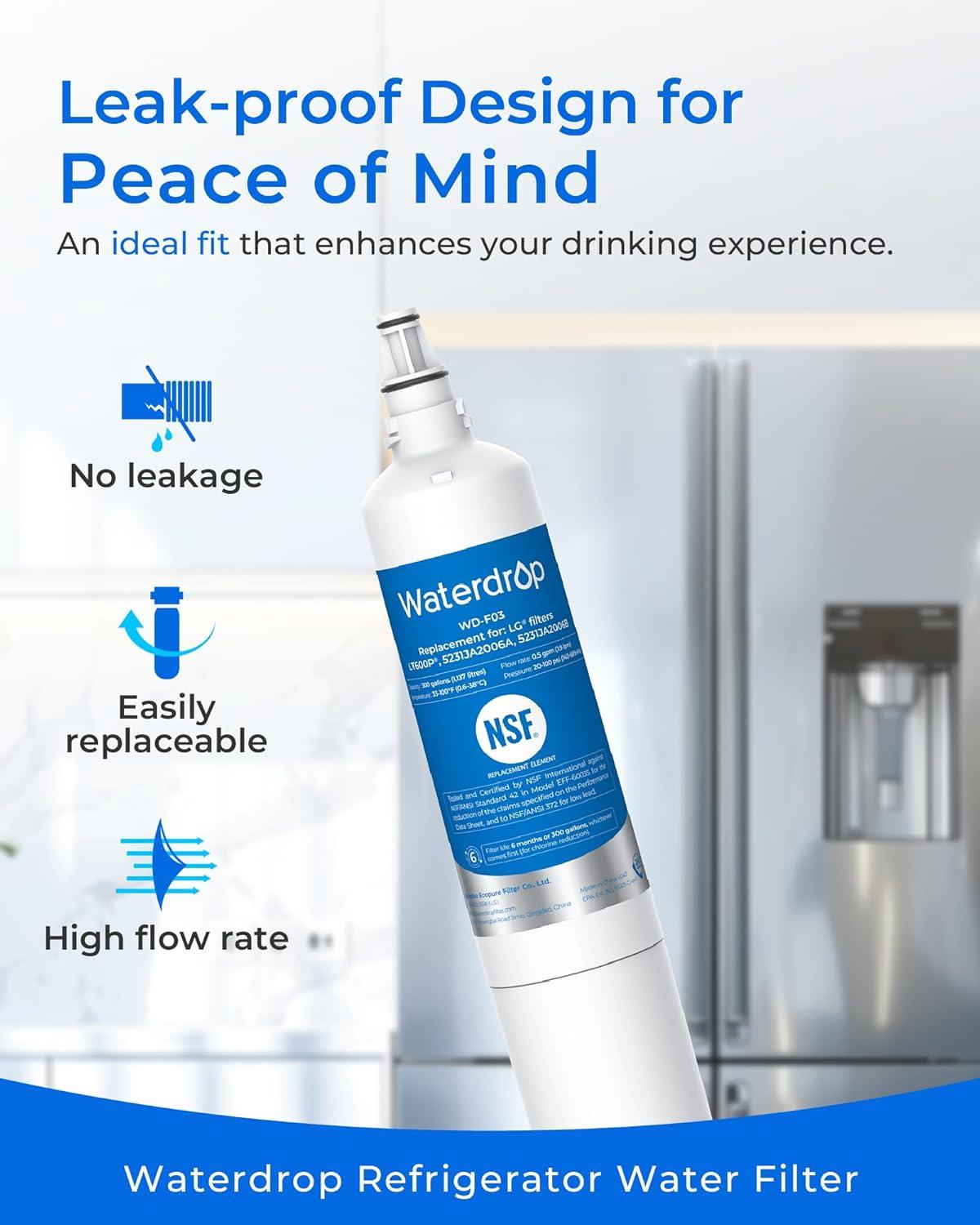 imageWaterdrop 5231JA2006A Replacement for LG LT600P Refrigerator Water Filter fml2 KENMORECLEAR 469990 KENMORE 9990 5231JA2006B RWF1000A LFX25960ST LSC27931ST 3 Filters3 Count Pack of 1
