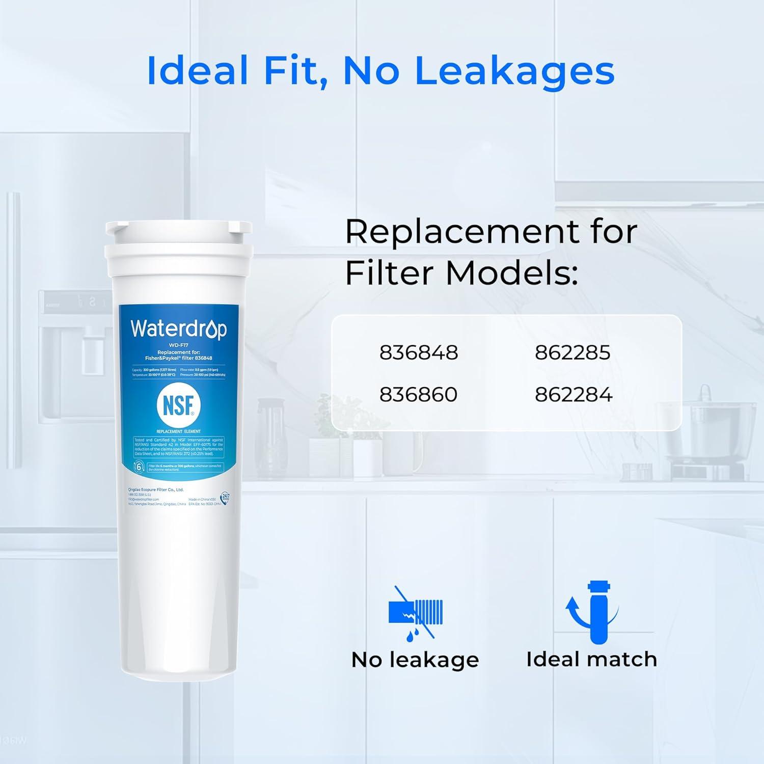 imageWaterdrop 836848 Replacement for Fisher ampamp Paykel 836860 862285 862284 E402 E442B E522B RO185014 RO185011 Refrigerator Water Filter Pack of 3