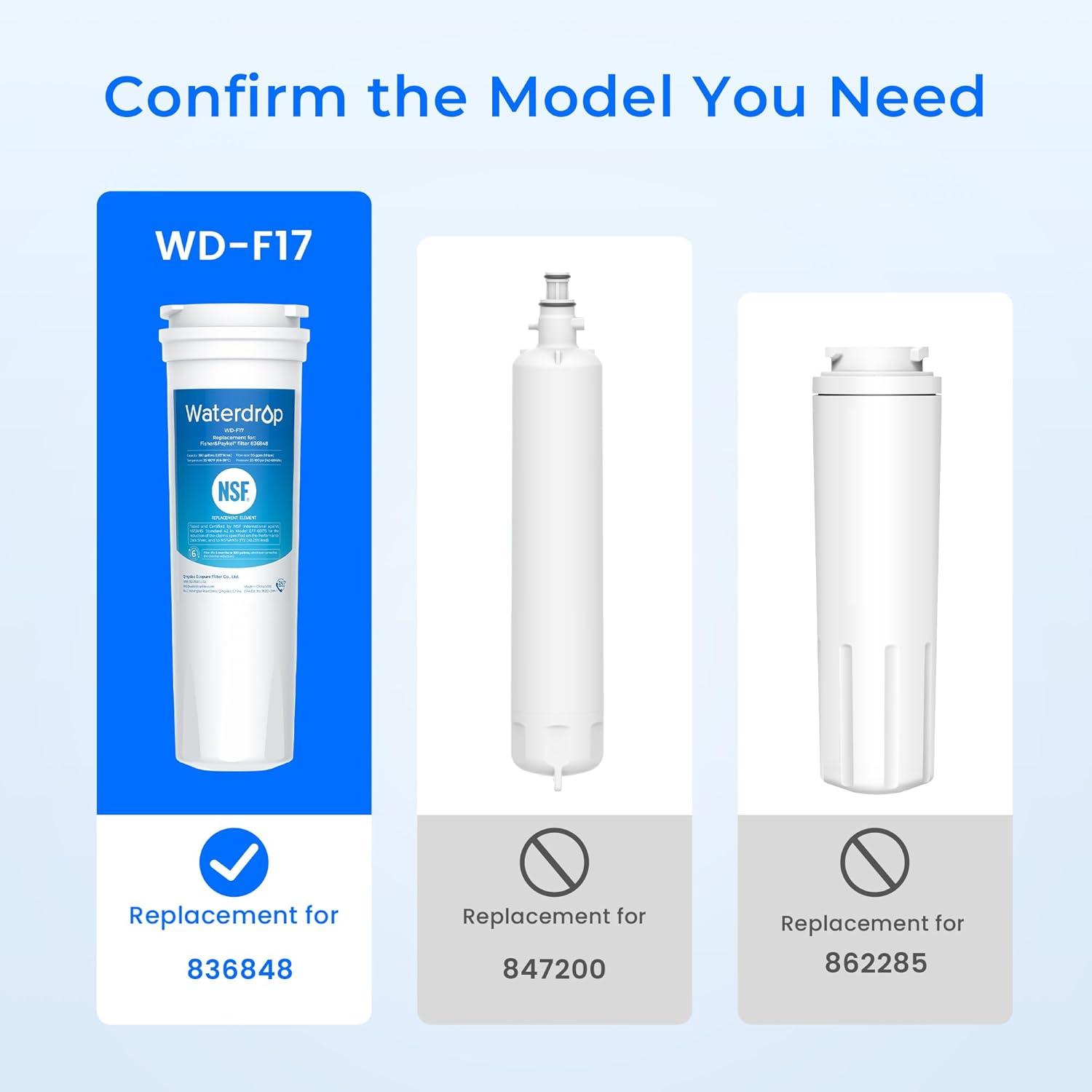 imageWaterdrop 836848 Replacement for Fisher ampamp Paykel 836860 862285 862284 E402 E442B E522B RO185014 RO185011 Refrigerator Water Filter Pack of 3