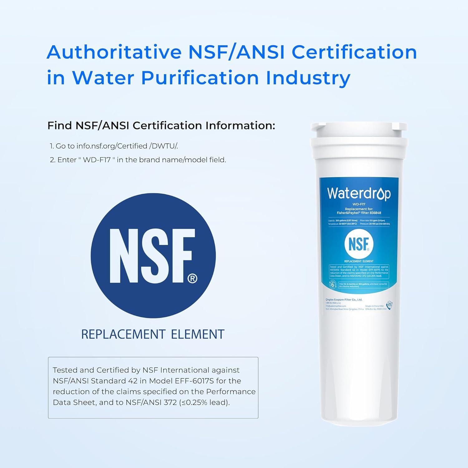 imageWaterdrop 836848 Replacement for Fisher ampamp Paykel 836860 862285 862284 E402 E442B E522B RO185014 RO185011 Refrigerator Water Filter Pack of 3