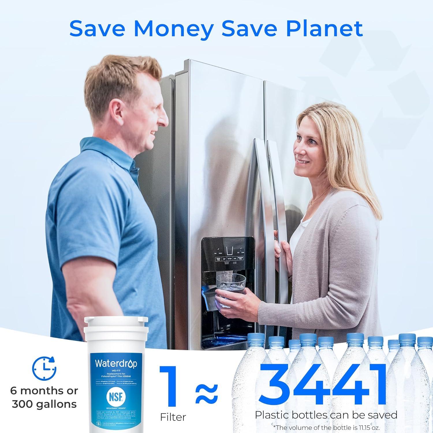 imageWaterdrop 836848 Replacement for Fisher ampamp Paykel 836860 862285 862284 E402 E442B E522B RO185014 RO185011 Refrigerator Water Filter Pack of 3