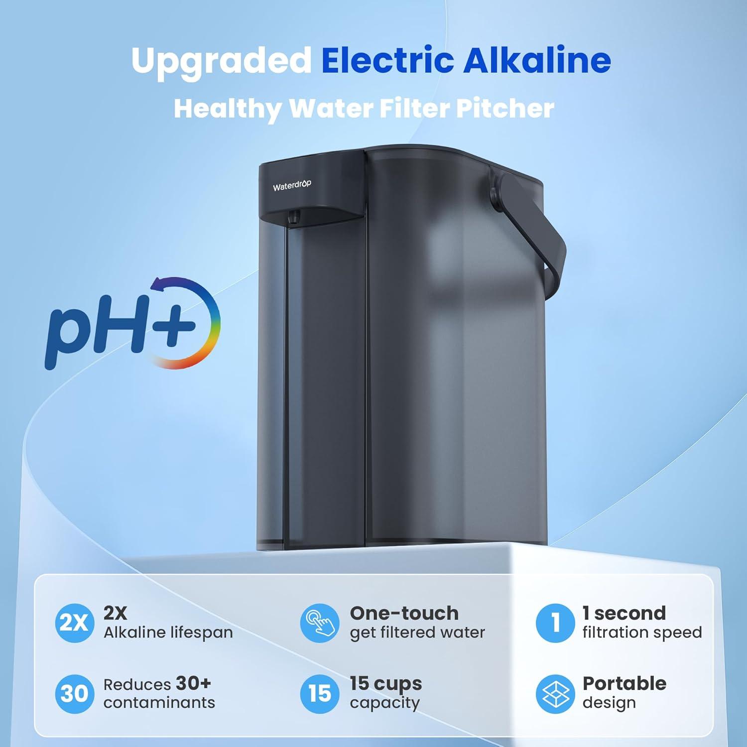 imageWaterdrop Alkaline Electric Water Filter Pitcher Rechargeable Water Dispenser Instant 200Gallon 15Cup Countertop System NSFANSI 42 Reduce PFOAPFOS Chlorine Lead Blue with 1 FilterMidnight Blue