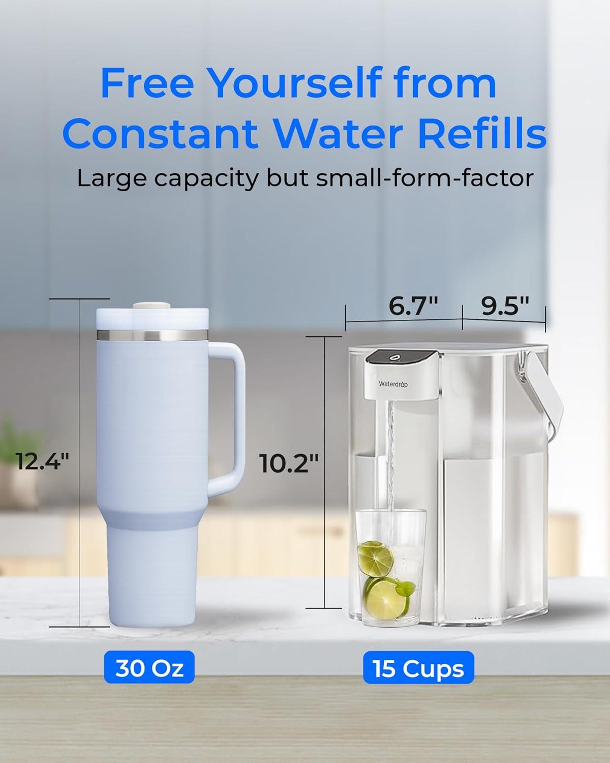 imageWaterdrop Alkaline Electric Water Filter Pitcher Rechargeable Water Dispenser Instant 200Gallon 15Cup Countertop System NSFANSI 42 Reduce PFOAPFOS Chlorine Lead Blue with 1 FilterWhite