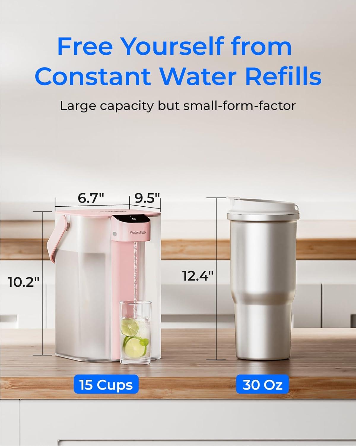 imageWaterdrop Alkaline Electric Water Filter Pitcher Rechargeable Water Dispenser Instant 200Gallon 15Cup Countertop System NSFANSI 42 Reduce PFOAPFOS Chlorine Lead Blue with 1 FilterBlush pink