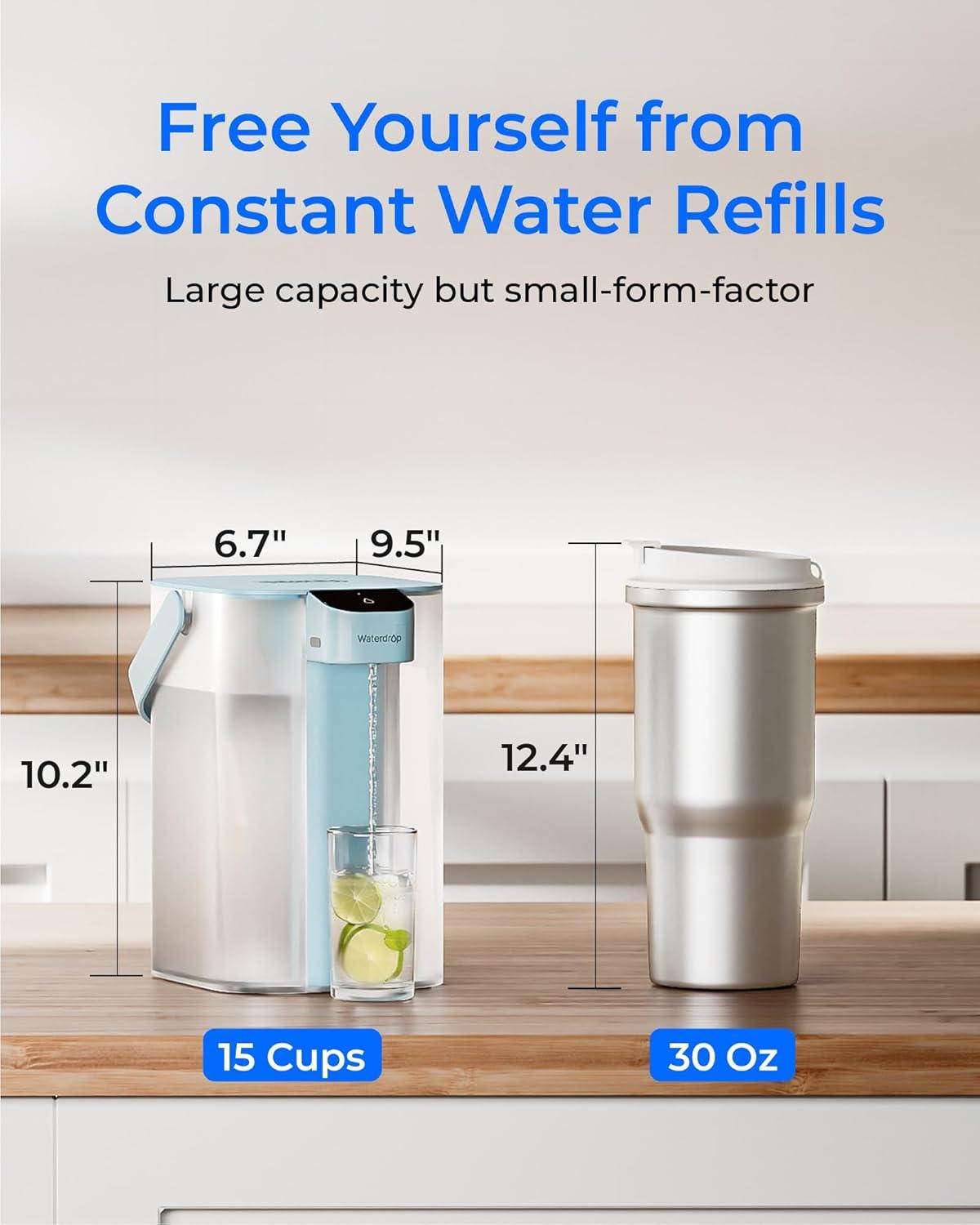 imageWaterdrop Alkaline Electric Water Filter Pitcher Rechargeable Water Dispenser Instant 200Gallon 15Cup Countertop System NSFANSI 42 Reduce PFOAPFOS Chlorine Lead Blue with 1 FilterSky blue