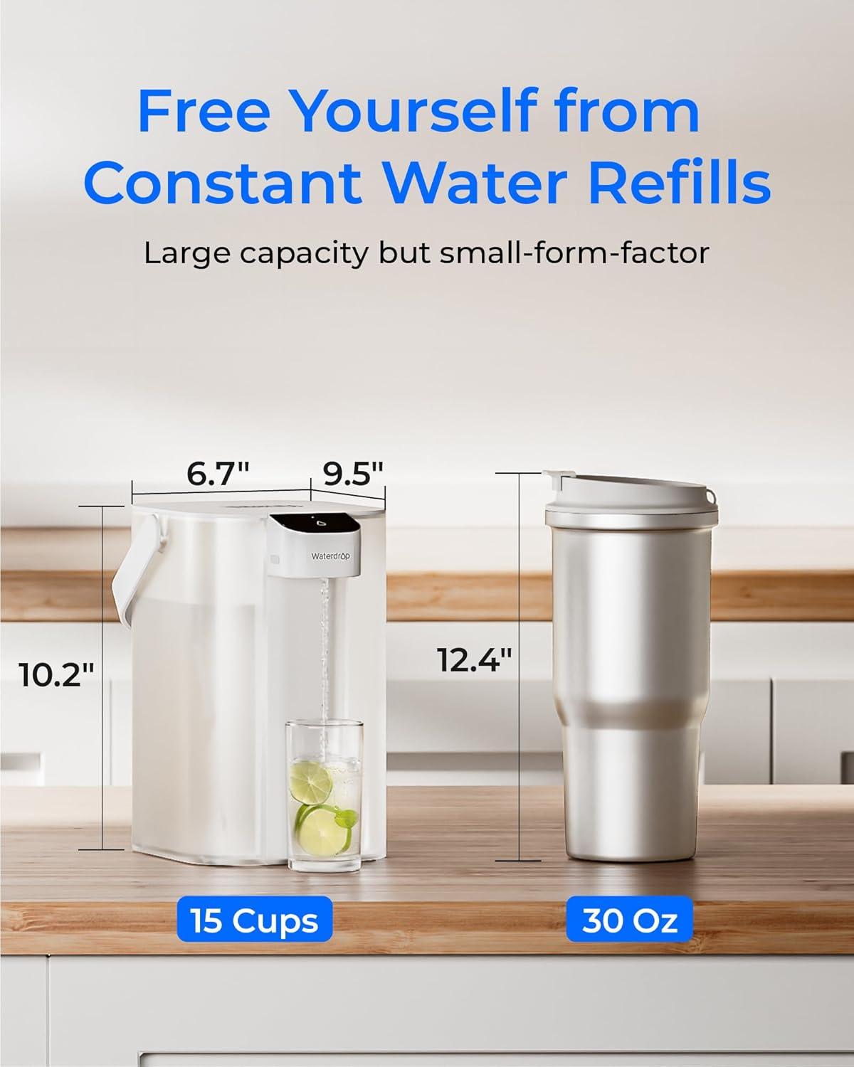 imageWaterdrop Alkaline Electric Water Filter Pitcher Rechargeable Water Dispenser Instant 200Gallon 15Cup Countertop System NSFANSI 42 Reduce PFOAPFOS Chlorine Lead Blue with 1 FilterWhite