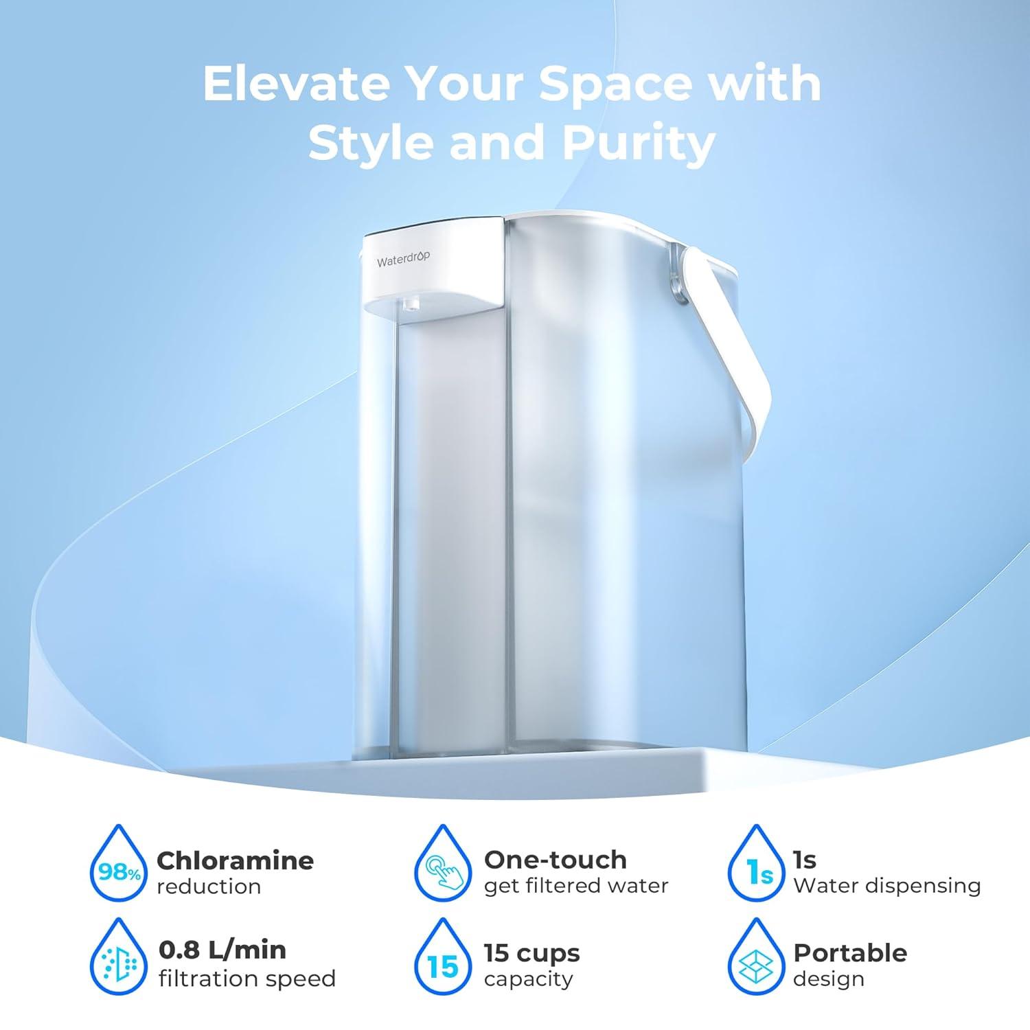 imageWaterdrop Alkaline Electric Water Filter Pitcher Rechargeable Water Dispenser Instant 200Gallon 15Cup Countertop System NSFANSI 42 Reduce PFOAPFOS Chlorine Lead Blue with 1 FilterWhite