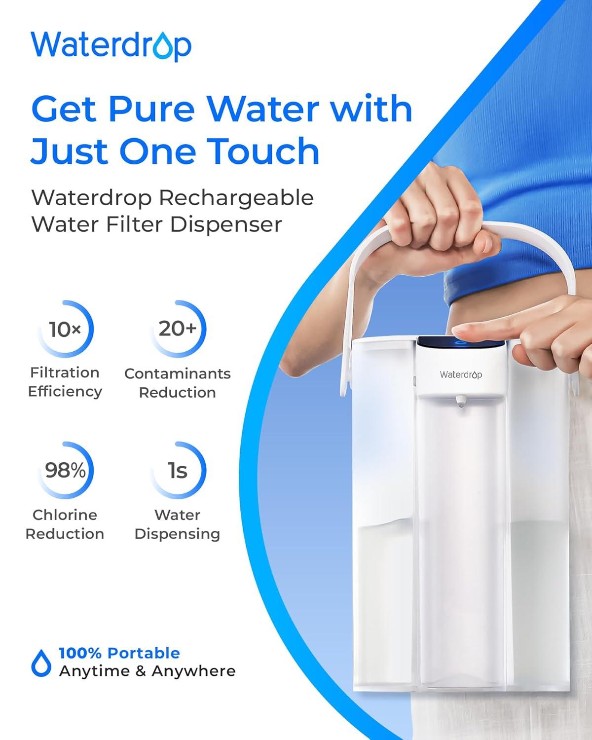 imageWaterdrop Alkaline Electric Water Filter Pitcher Rechargeable Water Dispenser Instant 200Gallon 15Cup Countertop System NSFANSI 42 Reduce PFOAPFOS Chlorine Lead Blue with 1 FilterWhite