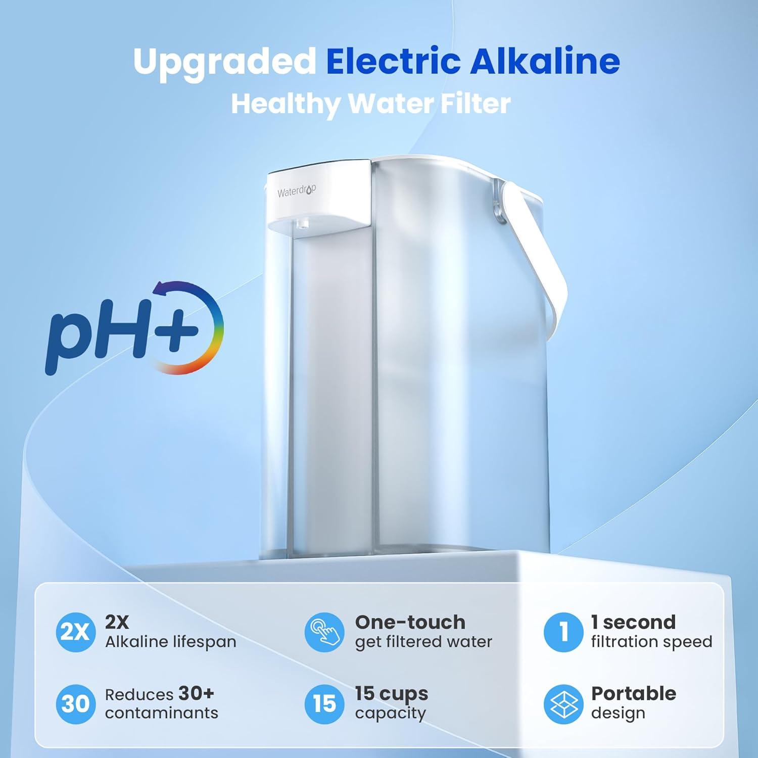 imageWaterdrop Alkaline Electric Water Filter Pitcher Rechargeable Water Dispenser Instant 200Gallon 15Cup Countertop System NSFANSI 42 Reduce PFOAPFOS Chlorine Lead Blue with 1 FilterWhite