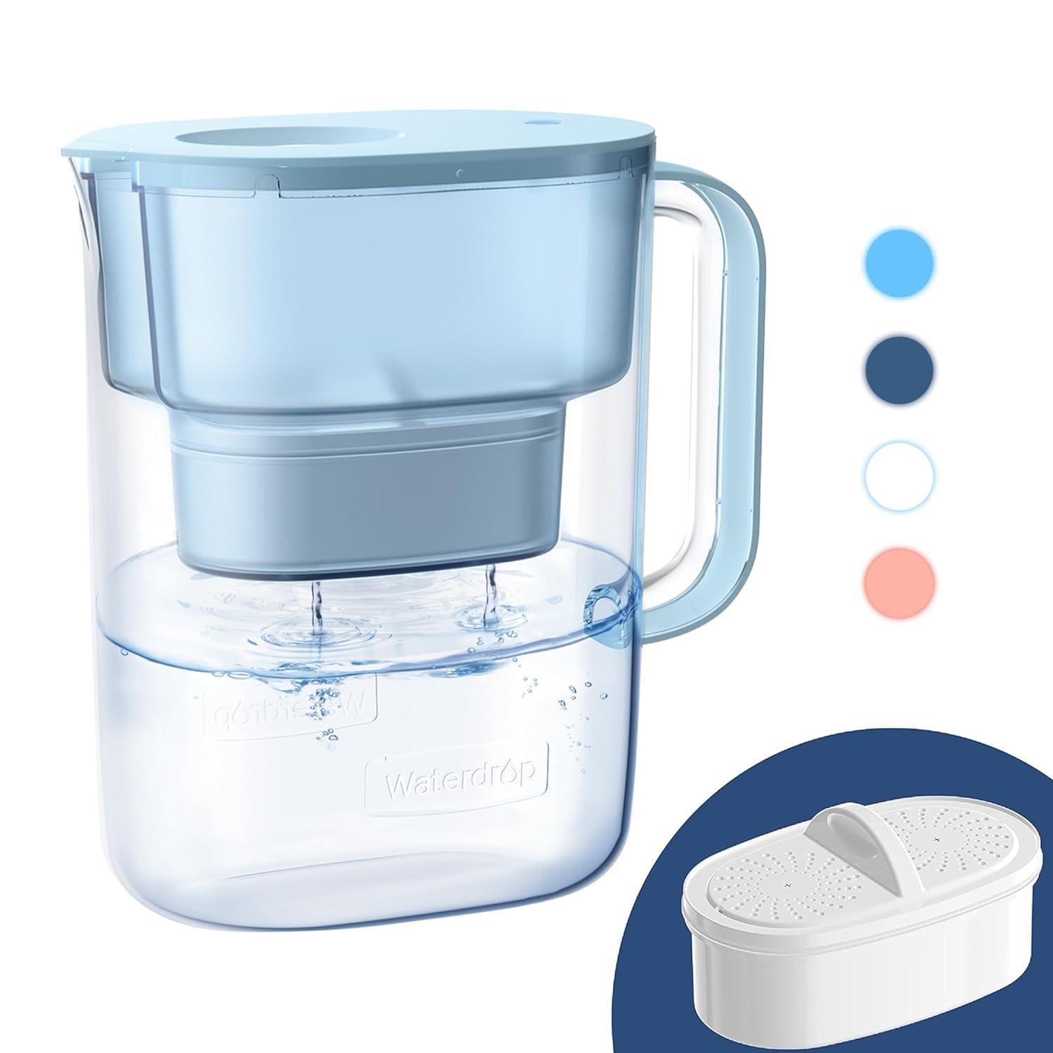 imageWaterdrop Alkaline Lucid 10Cup Large Water Filter Pitcher with 1 Filter Healthy Improved Coffee Taste Clean ampamp ToxinFree Mineralized Alkaline Water 100 Gallons Up to PH 95 BPA Free BlueAzure