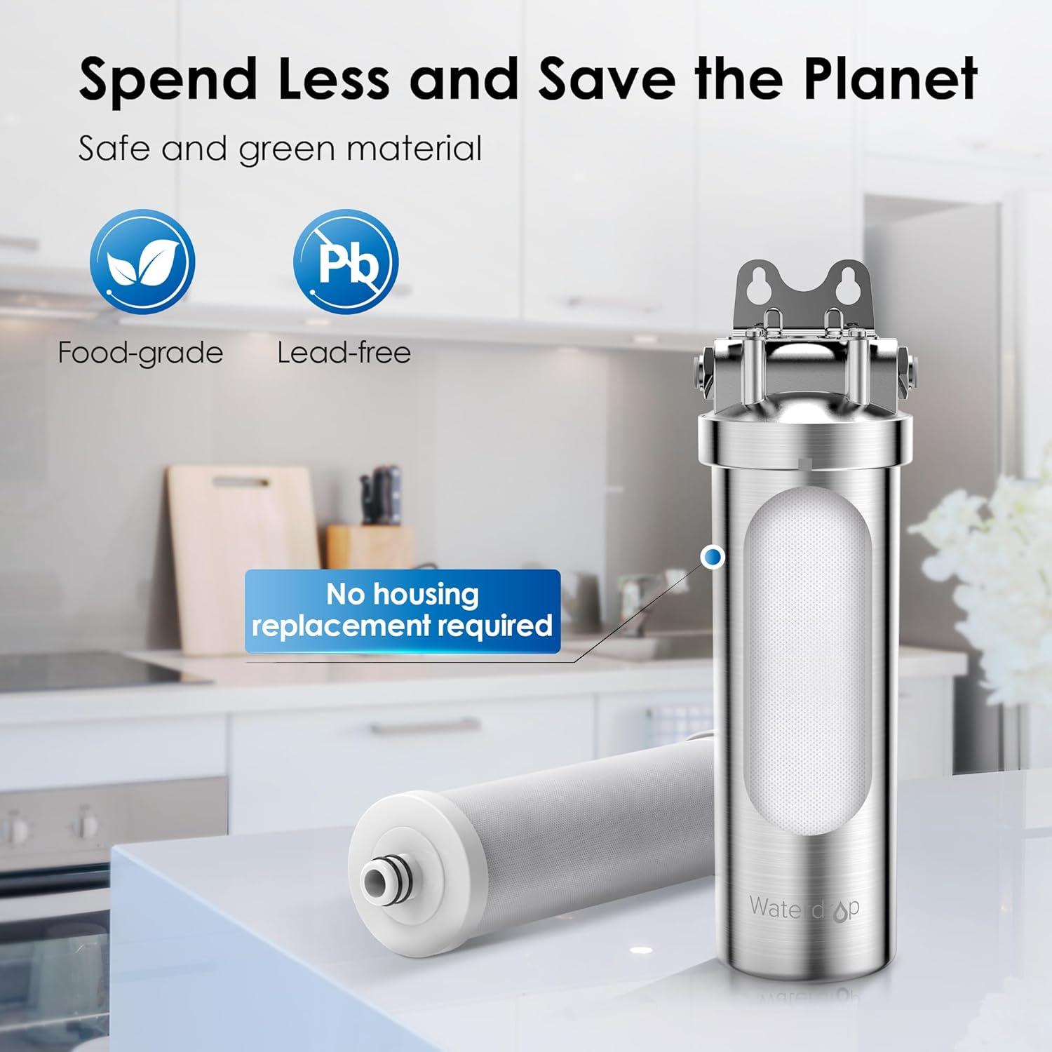 imageWaterdrop BS08 Under Sink Water Filter 1 Year Lifetime Stainless Steel Water Filter System Reduces Chlorine Lead Heavy Metals Bad Tasteampamp Odor 1 Filter ampamp 1 Brushed Nickel Faucet IncludedStainless Steel