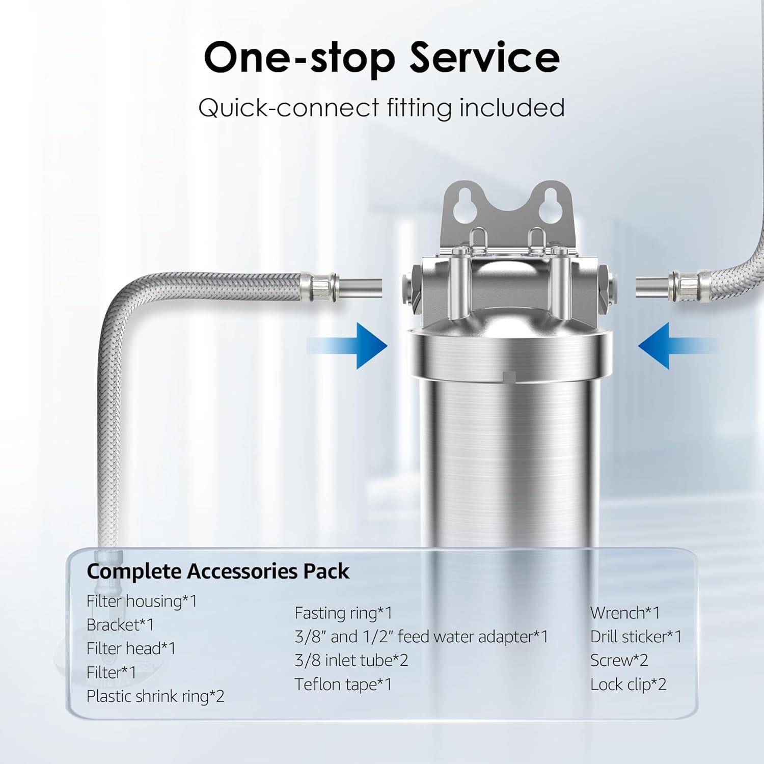 imageWaterdrop BS08 Under Sink Water Filter 1 Year Lifetime Stainless Steel Water Filter System Reduces Chlorine Lead Heavy Metals Bad Tasteampamp Odor 1 Filter ampamp 1 Brushed Nickel Faucet IncludedStainless Steel