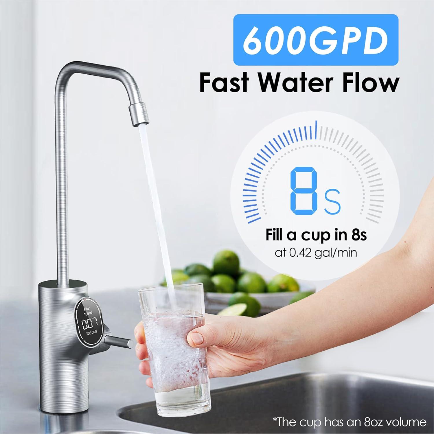 imageWaterdrop D6 Reverse Osmosis Water Filter 600 GPD Under Sink Reverse Osmosis System Reduce PFAS 21 Pure to Drain Tankless RO Water Filter System Smart LED Faucet Easy Installation