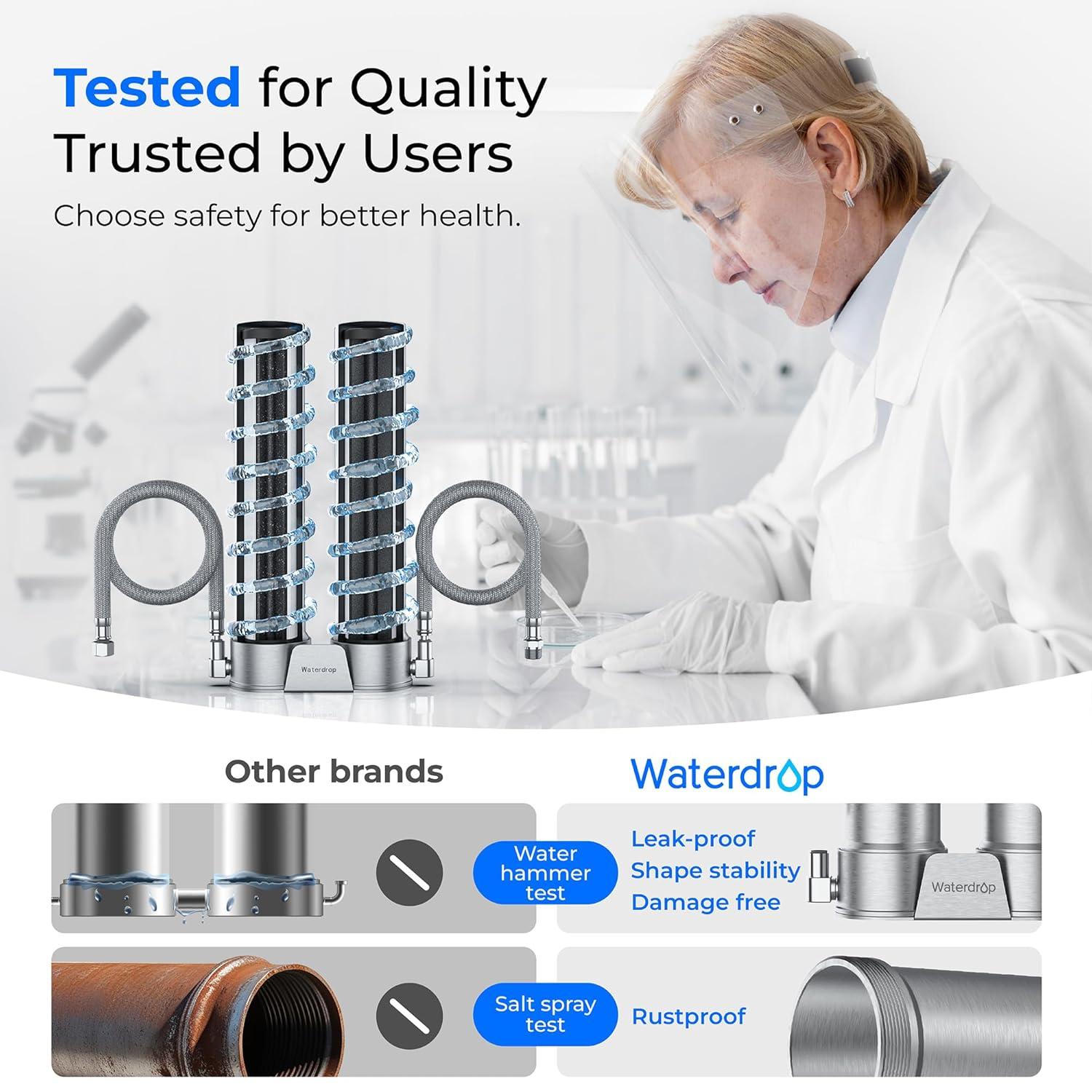imageWaterdrop DST Under Sink Water Filter System Under Sink Water Filtration System NSF Certified Elements Reduce Chlorine PFOAPFOS Bad Taste ampamp Odor Silver Ions Enhanced Filtration Stainless SteelDual StageSilver Ions Enhanced Filtration