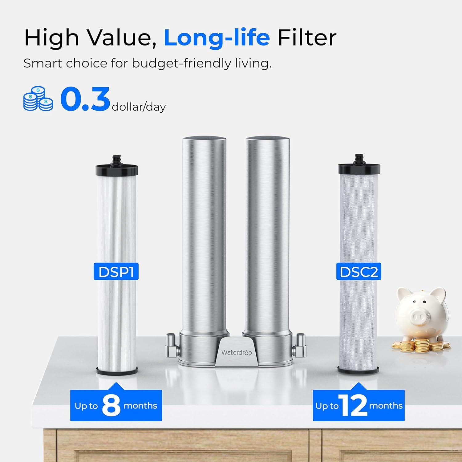 imageWaterdrop DST Under Sink Water Filter System Under Sink Water Filtration System NSF Certified Elements Reduce Chlorine PFOAPFOS Bad Taste ampamp Odor Silver Ions Enhanced Filtration Stainless SteelDual StageSilver Ions Enhanced Filtration