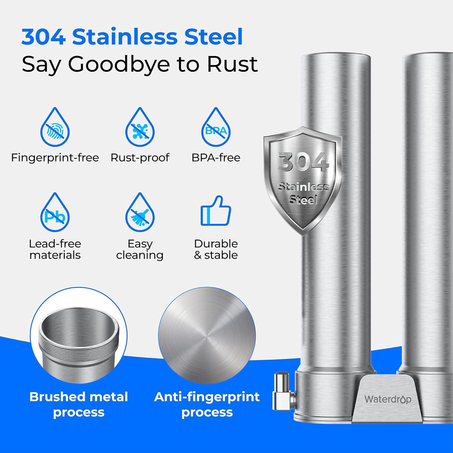 imageWaterdrop DST Under Sink Water Filter System Under Sink Water Filtration System NSF Certified Elements Reduce Chlorine PFOAPFOS Bad Taste ampamp Odor Silver Ions Enhanced Filtration Stainless SteelDual StageSilver Ions Enhanced Filtration